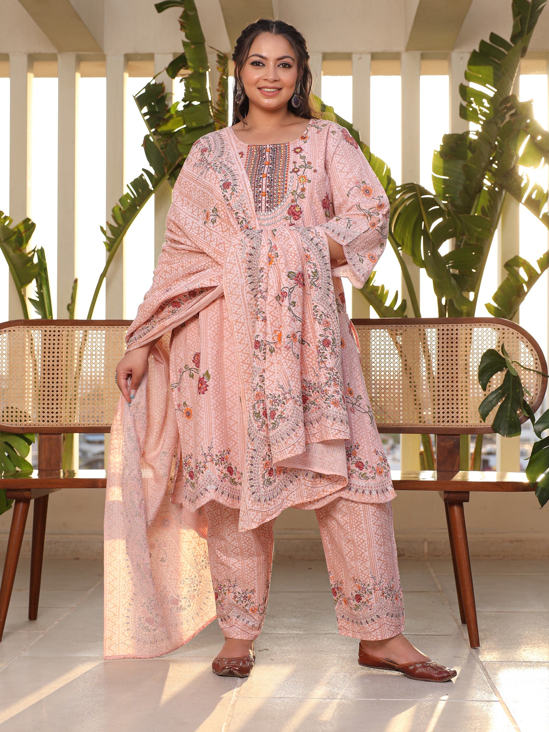 Juniper Pink Floral & Ethnic Motif Printed Cotton Cambric Plus Size Kurta Pants & Dupatta Set With Beads & Sequins (3-Pcs)