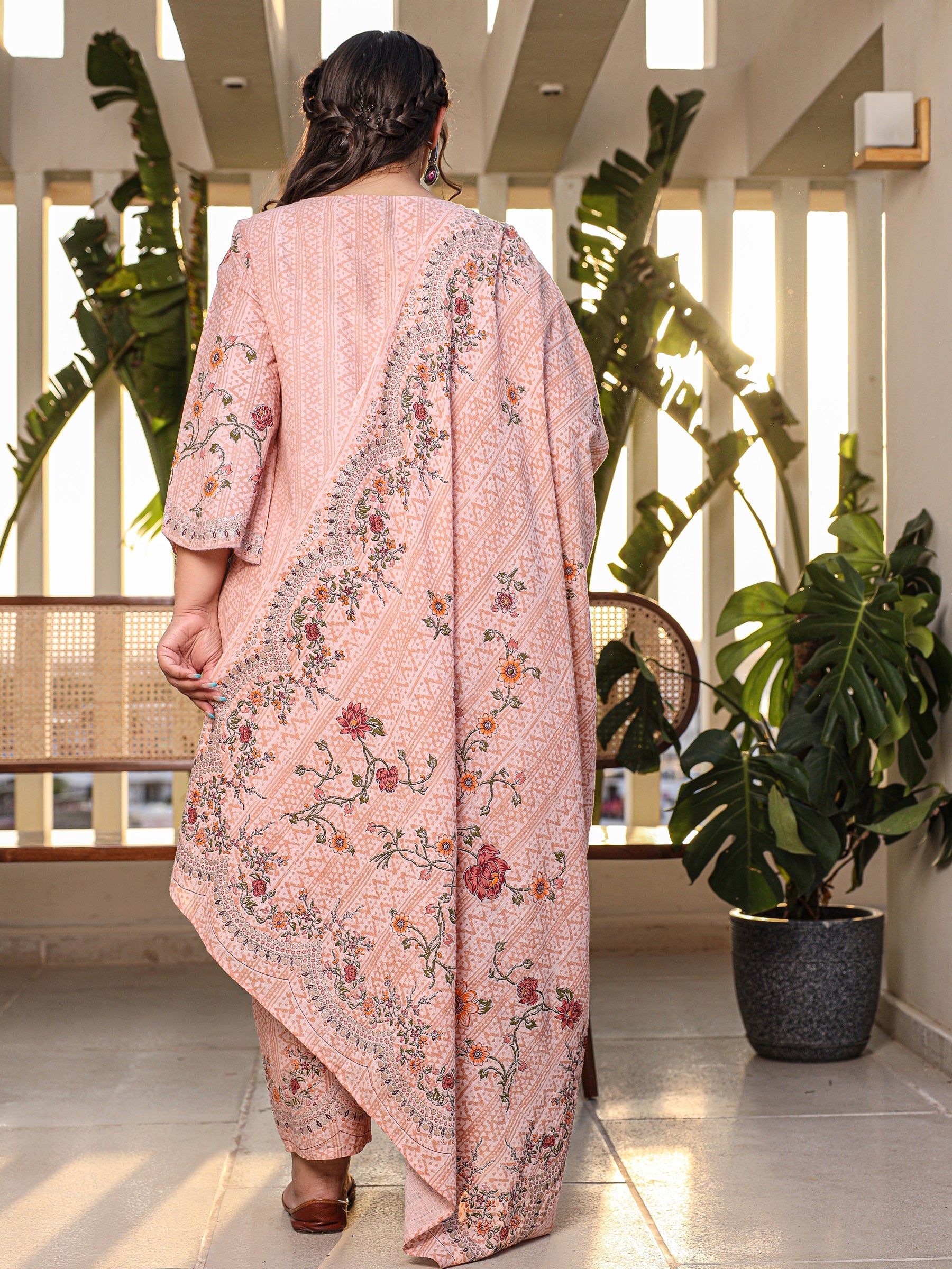 Juniper Pink Floral & Ethnic Motif Printed Cotton Cambric Plus Size Kurta Pants & Dupatta Set With Beads & Sequins (3-Pcs)