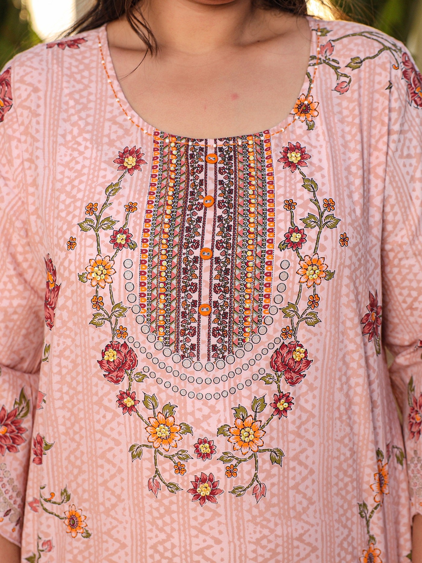 Juniper Pink Floral & Ethnic Motif Printed Cotton Cambric Plus Size Kurta Pants & Dupatta Set With Beads & Sequins (3-Pcs)