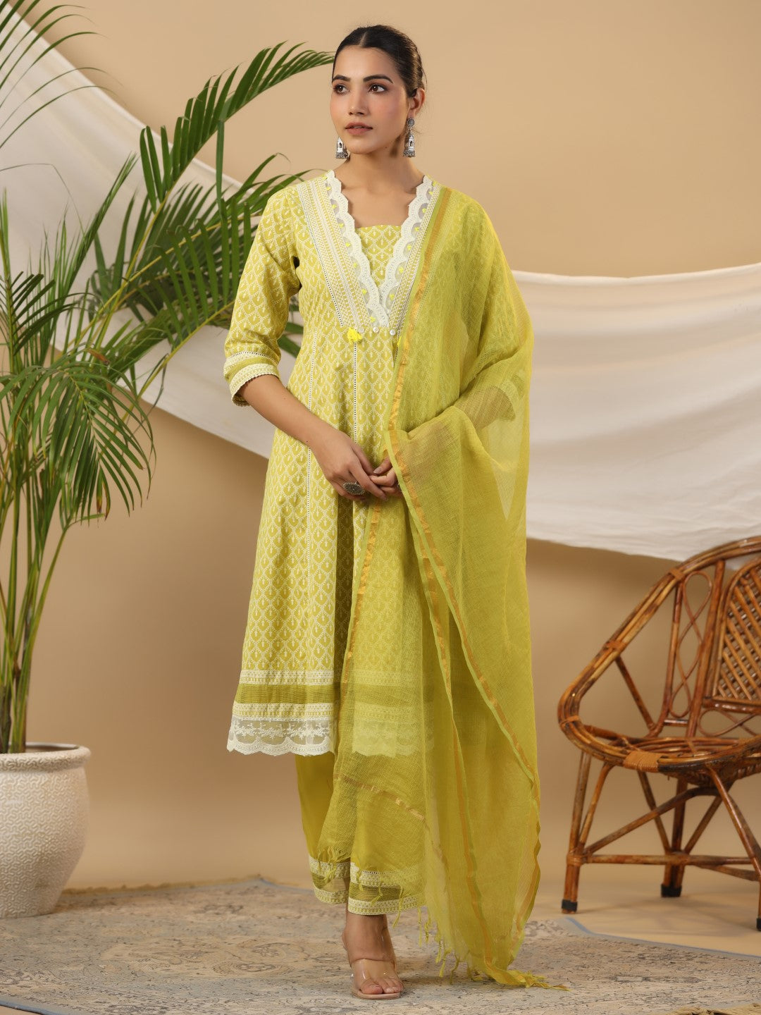 Juniper Women Lime Green Cotton Cambric & Rayon Printed Anarkali Kurta Set