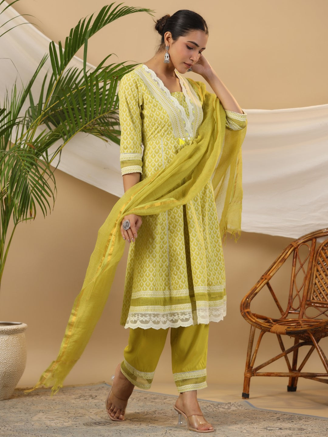 Juniper Women Lime Green Cotton Cambric & Rayon Printed Anarkali Kurta Set