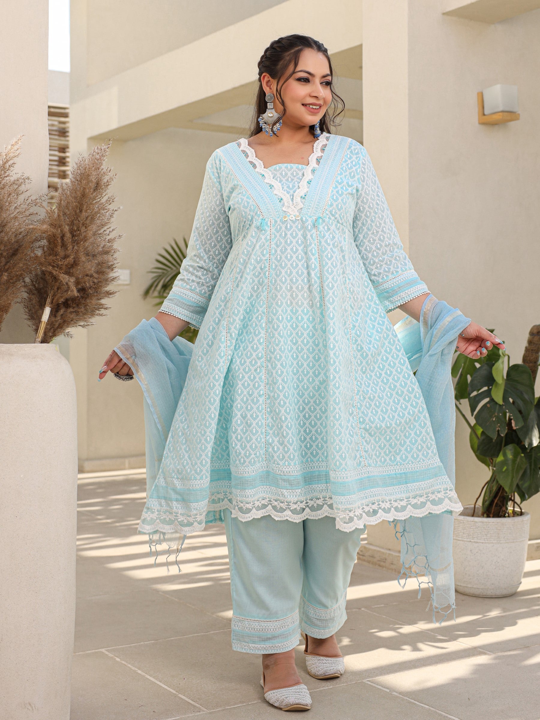 The Rooh Sky Blue Ethnic Motif Printed & Laced Pure Cotton Plus Size Anarkali Kurta Pants & Dupatta Set With Tassels Sequins & Buttons