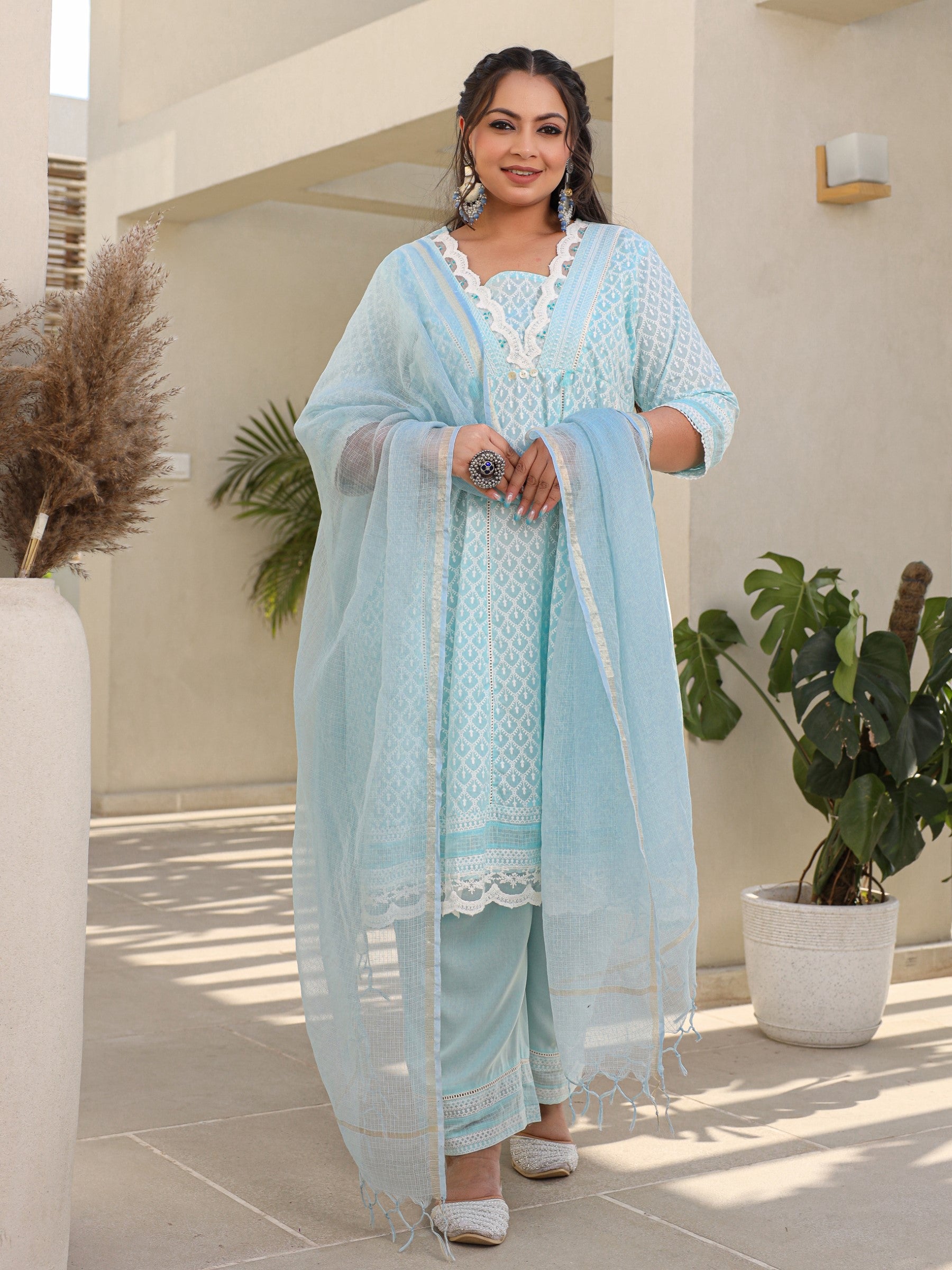 Juniper The Rooh Sky Blue Ethnic Motif Printed & Laced Pure Cotton Plus Size Anarkali Kurta Pants & Dupatta Set With Tassels Sequins & Buttons