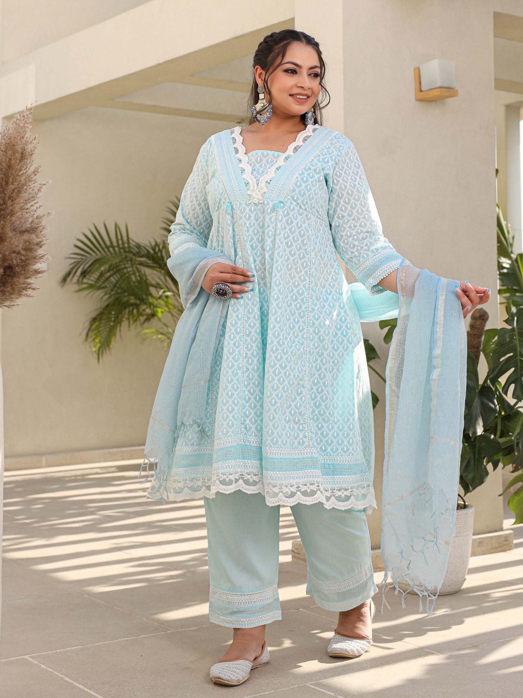 Juniper The Rooh Sky Blue Ethnic Motif Printed & Laced Pure Cotton Plus Size Anarkali Kurta Pants & Dupatta Set With Tassels Sequins & Buttons