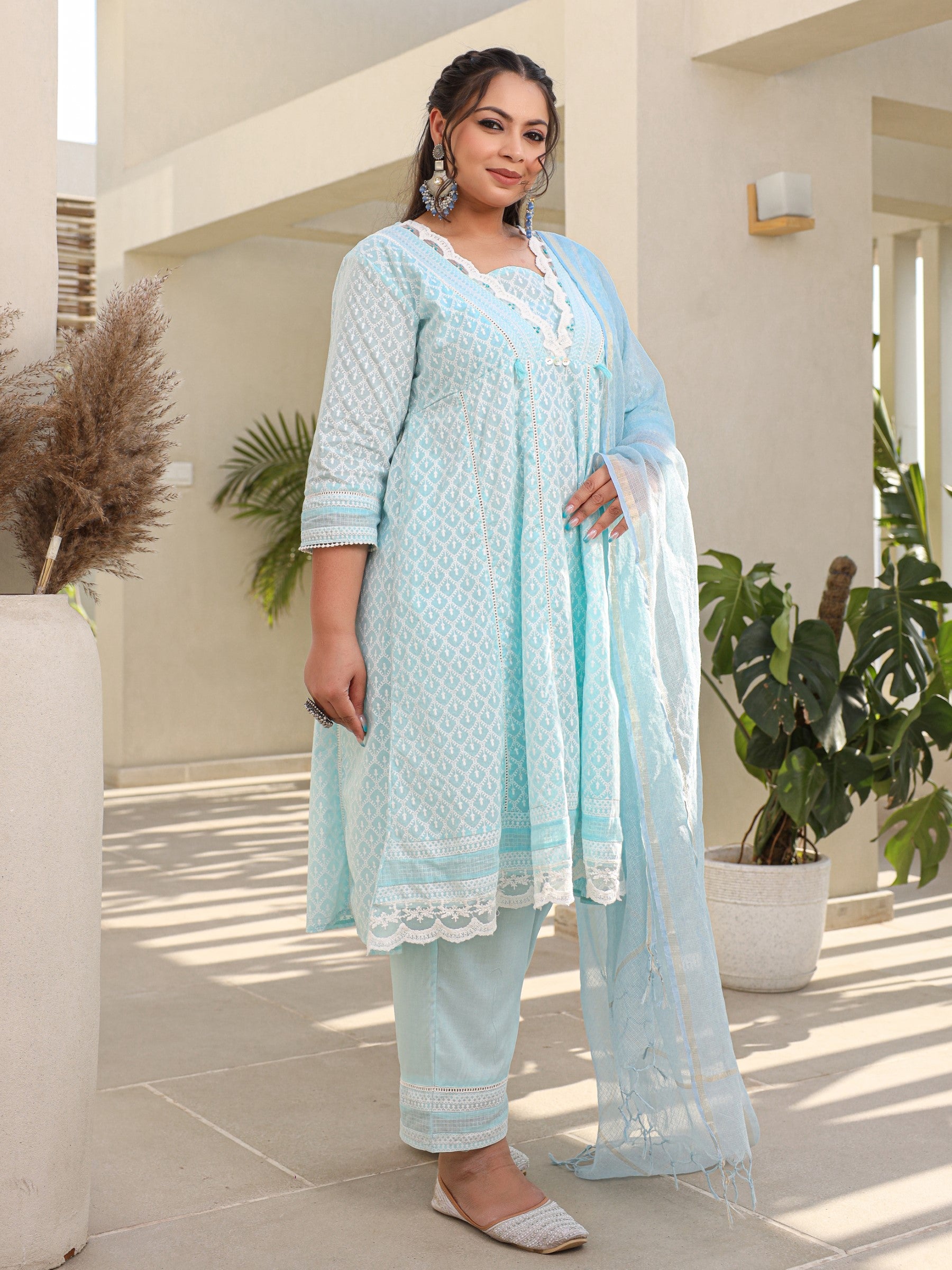 Juniper The Rooh Sky Blue Ethnic Motif Printed & Laced Pure Cotton Plus Size Anarkali Kurta Pants & Dupatta Set With Tassels Sequins & Buttons