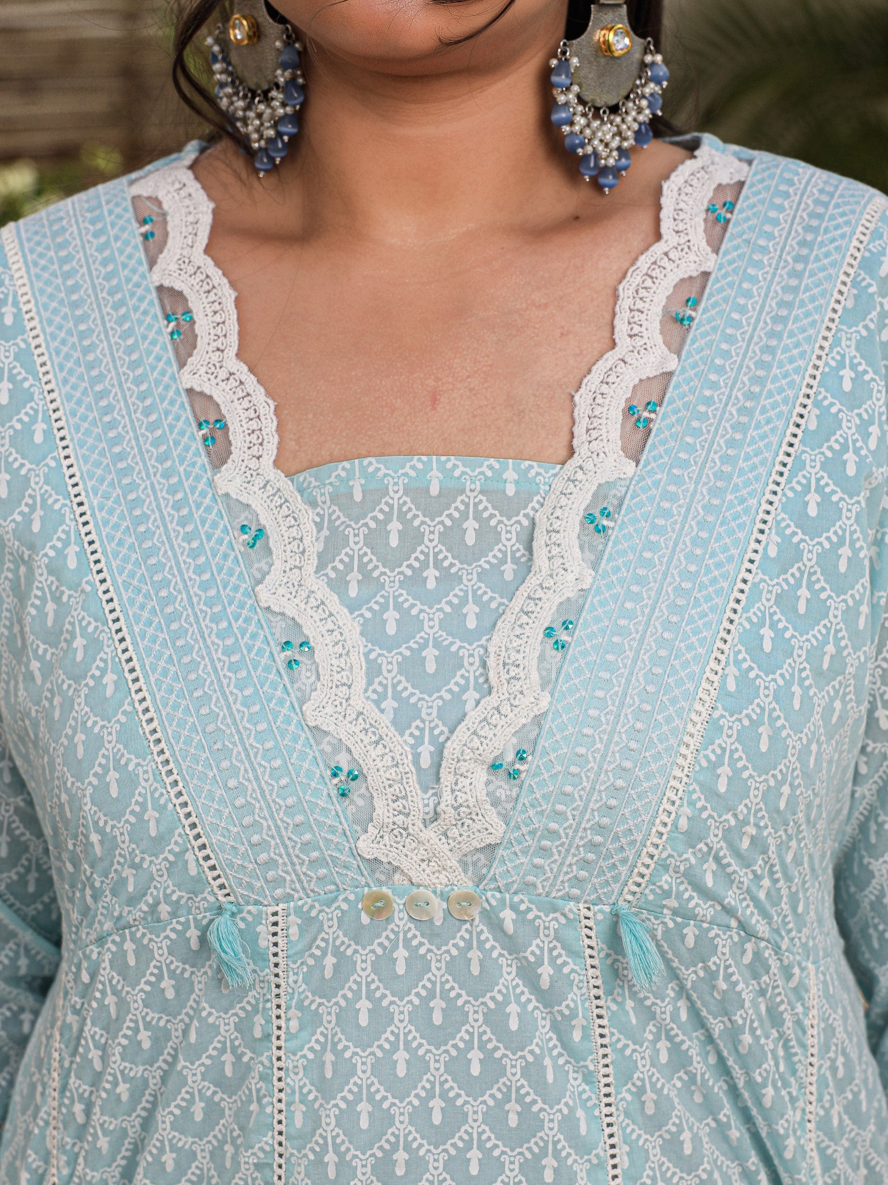 Juniper The Rooh Sky Blue Ethnic Motif Printed & Laced Pure Cotton Plus Size Anarkali Kurta Pants & Dupatta Set With Tassels Sequins & Buttons