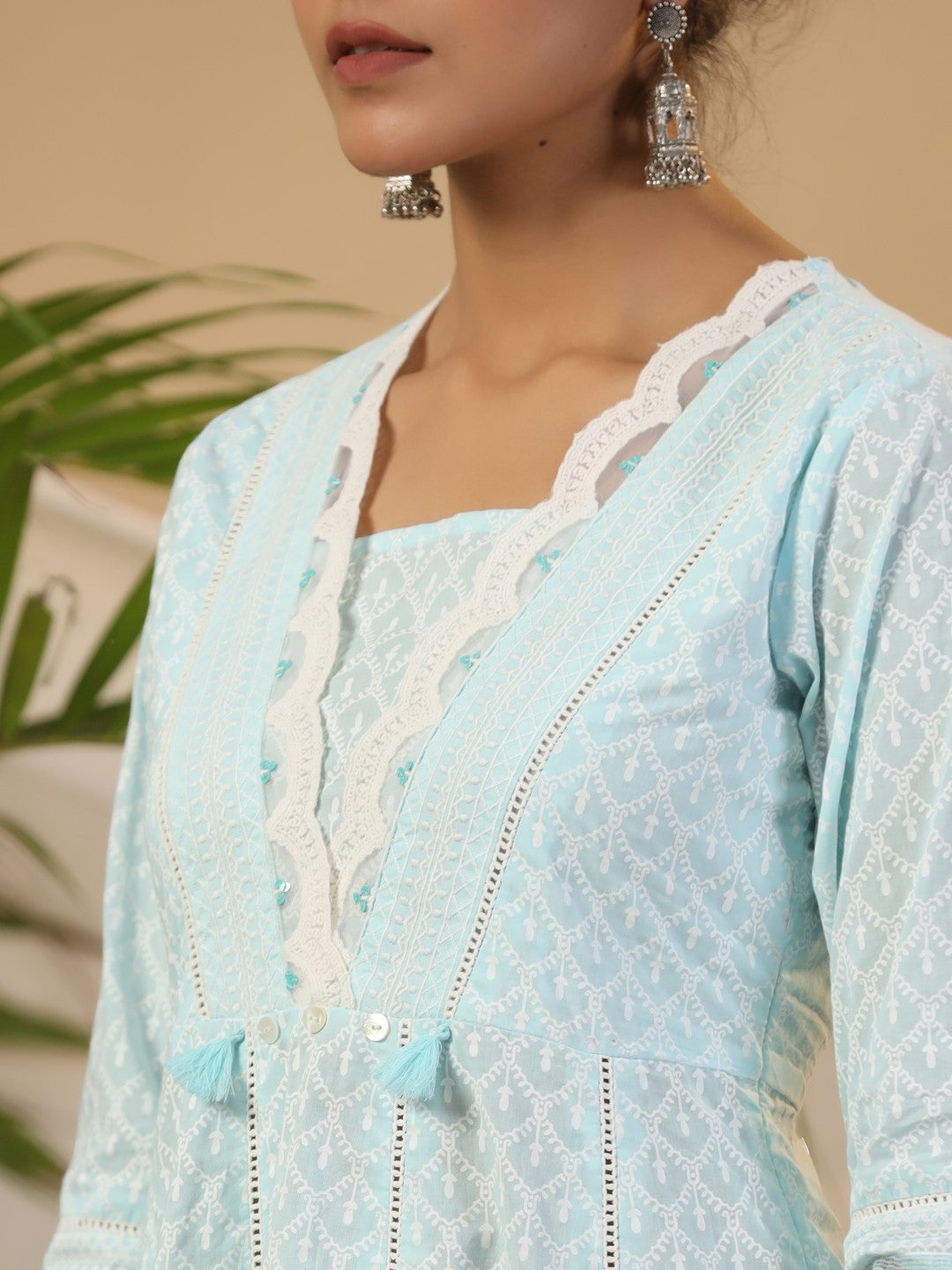 Sky Blue Cotton Cambric & Rayon Printed Anarkali Kurta Set