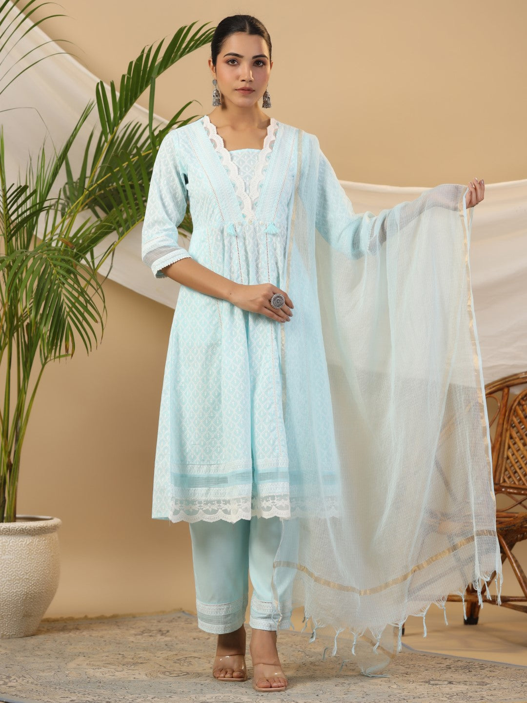 Sky Blue Cotton Cambric & Rayon Printed Anarkali Kurta Set