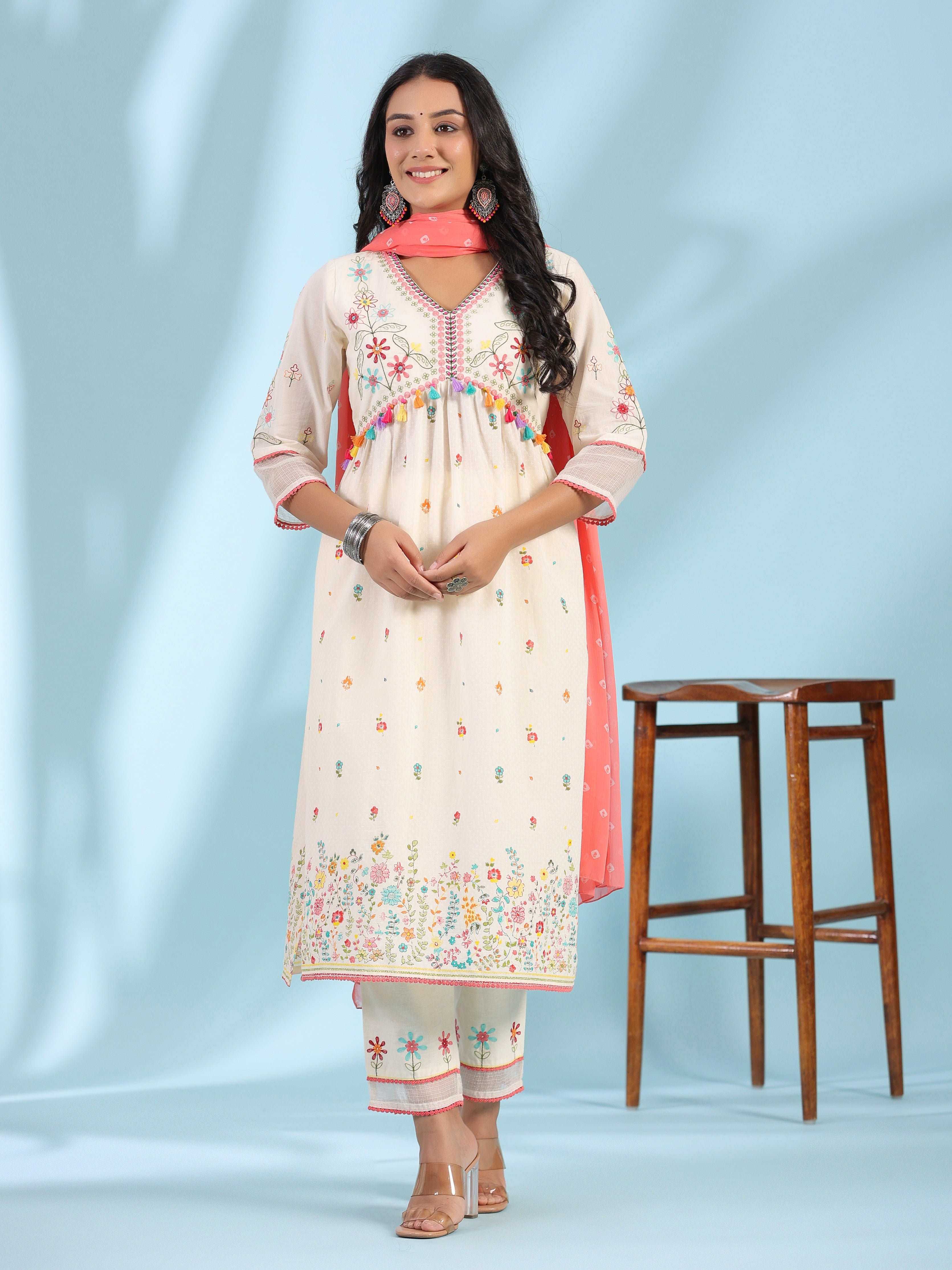 Juniper Women Off-White Cotton Cambric Embroidered Alia Cut Kurta Set