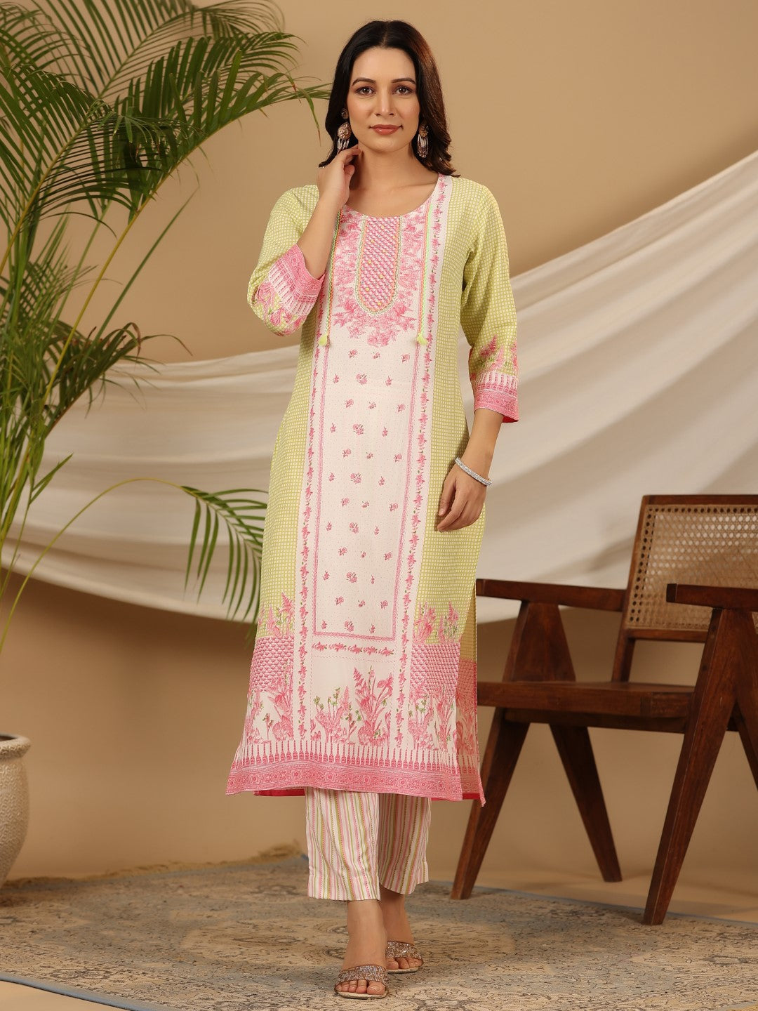 Juniper Multi-Colour Floral Printed Rayon Kurta & Pant Dupatta Set With Beads & Sequins Work