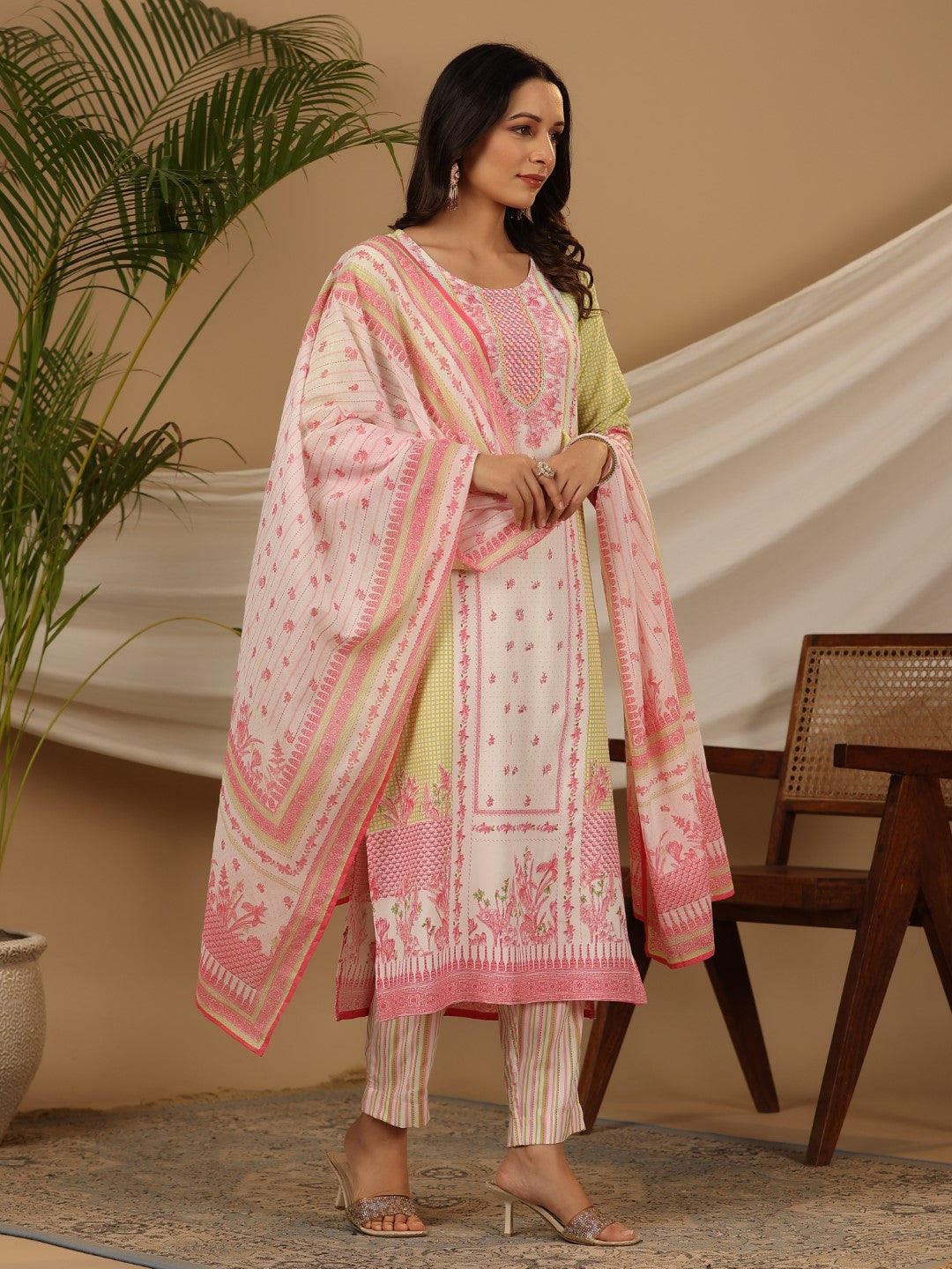 Juniper Multi-Colour Floral Printed Rayon Kurta & Pant Dupatta Set With Beads & Sequins Work