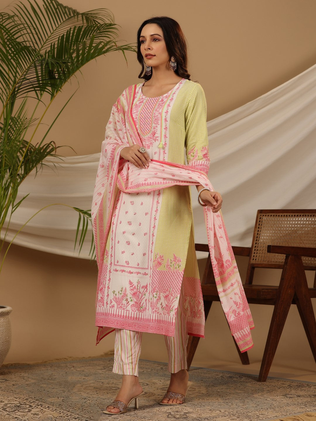 Juniper Multi-Colour Floral Printed Rayon Kurta & Pant Dupatta Set With Beads & Sequins Work