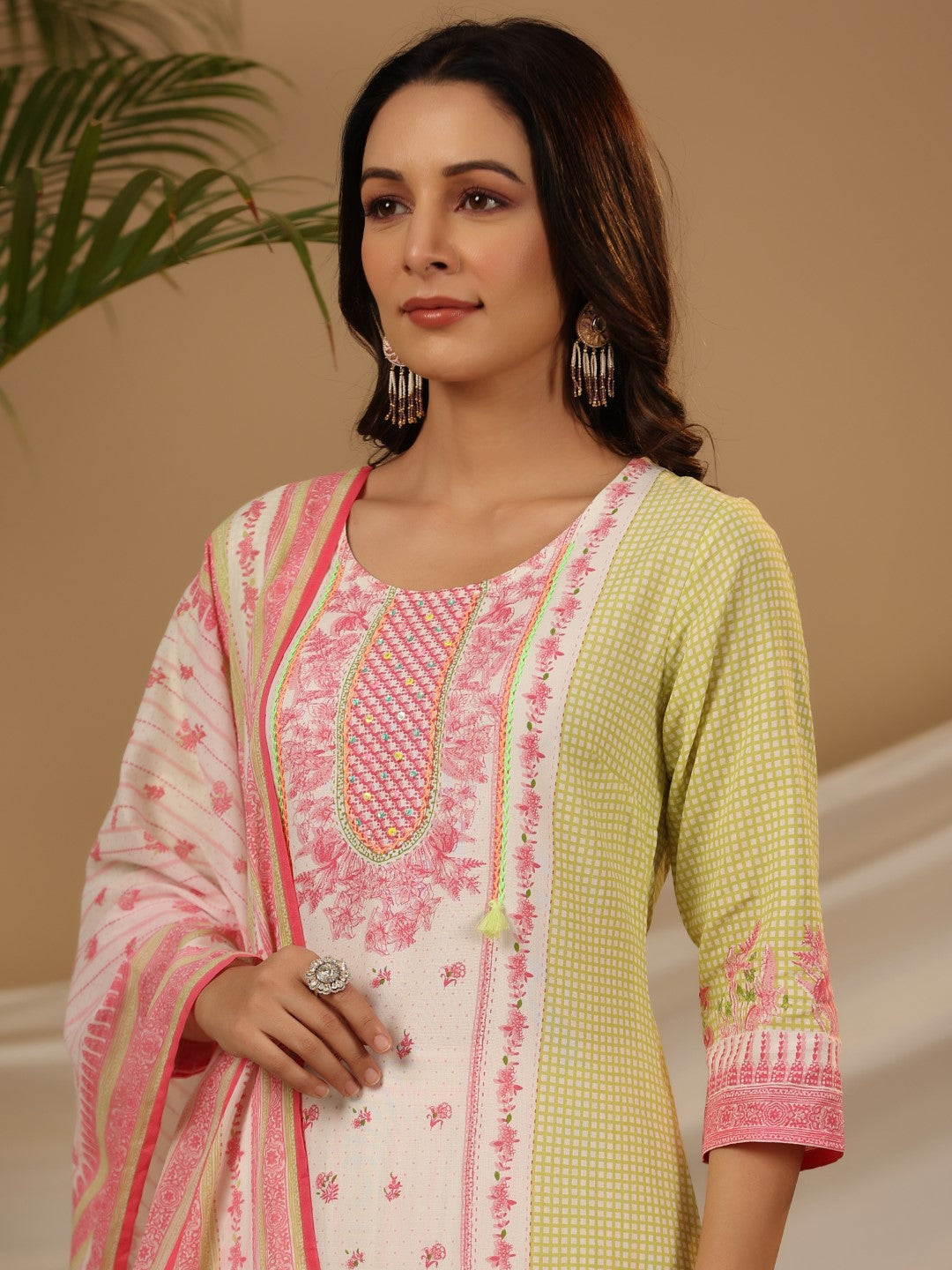 Juniper Multi-Colour Floral Printed Rayon Kurta & Pant Dupatta Set With Beads & Sequins Work