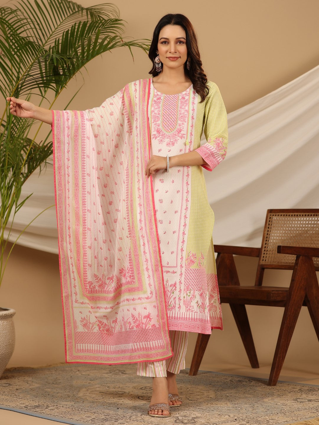 Juniper Multi-Colour Floral Printed Rayon Kurta & Pant Dupatta Set With Beads & Sequins Work