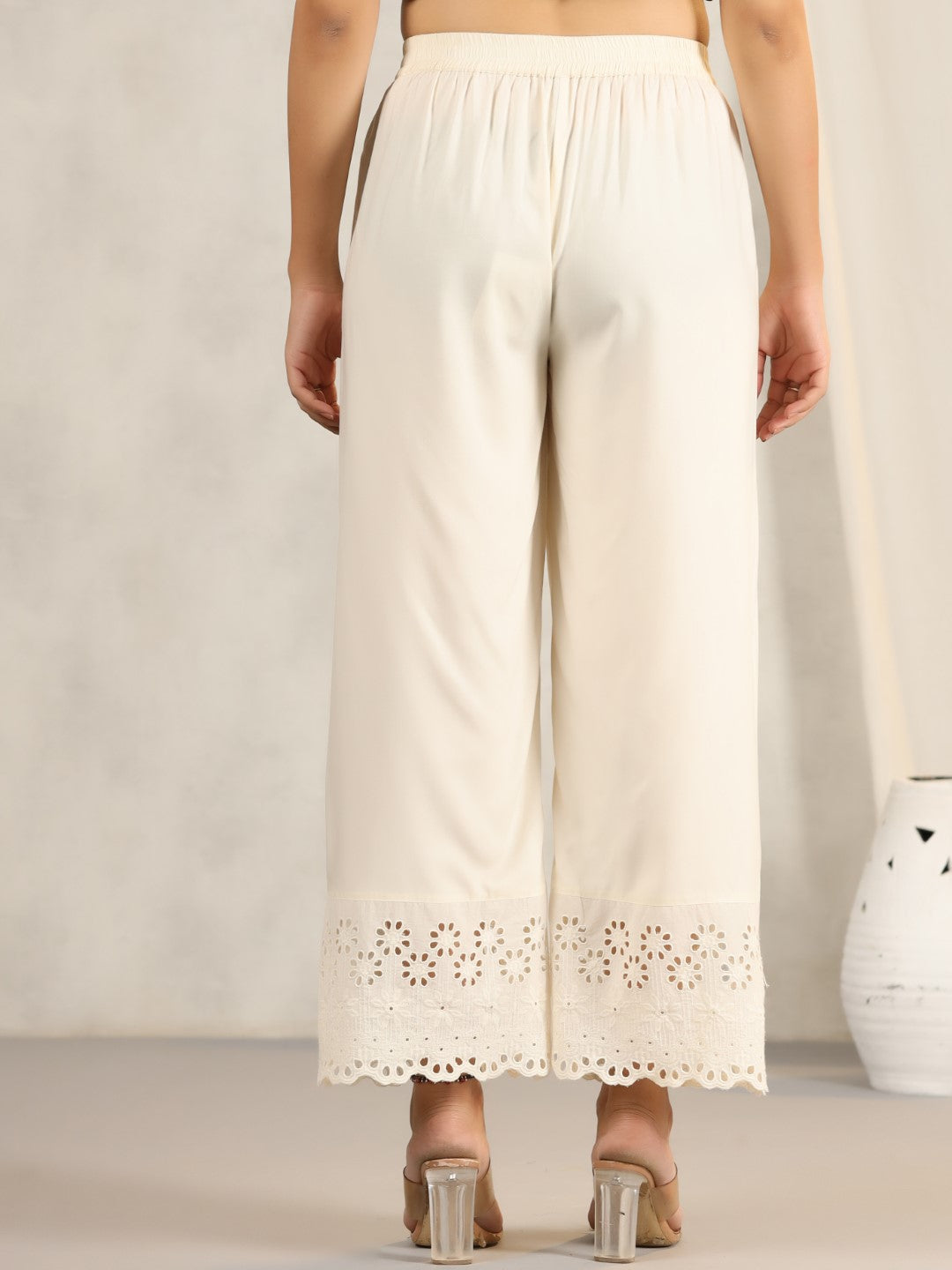 Juniper Natural Solid Modal Rayon Women Pants With Schiffli At Hem & Side Pockets