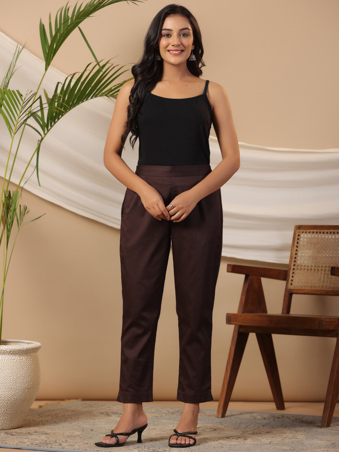 Juniper Brown Solid Lycra Women Drawstring Pants With Single Side Pocket
