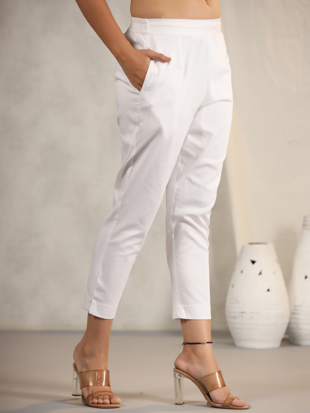 Juniper White Cotton Lycra Pants For Women With Partially Elasticated Waistband