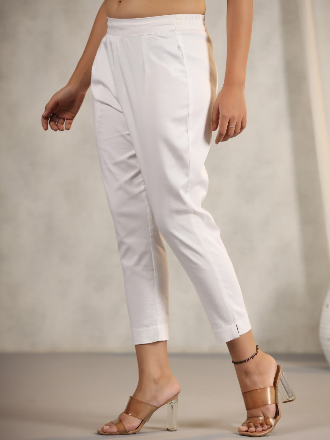 Juniper White Cotton Lycra Pants For Women With Partially Elasticated Waistband
