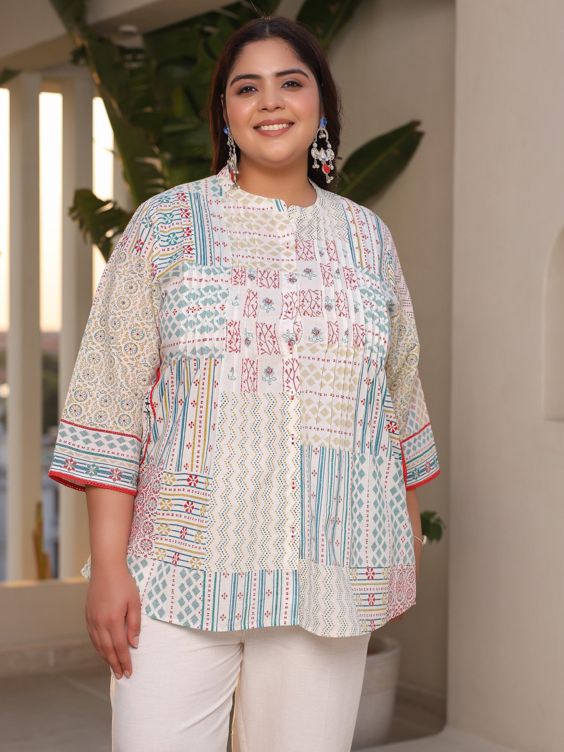 Off-White Ethnic Motif Printed Pleated Cotton Tunic & Pants Set With Pintucks At Front & Embroidery Details (2-Pcs)