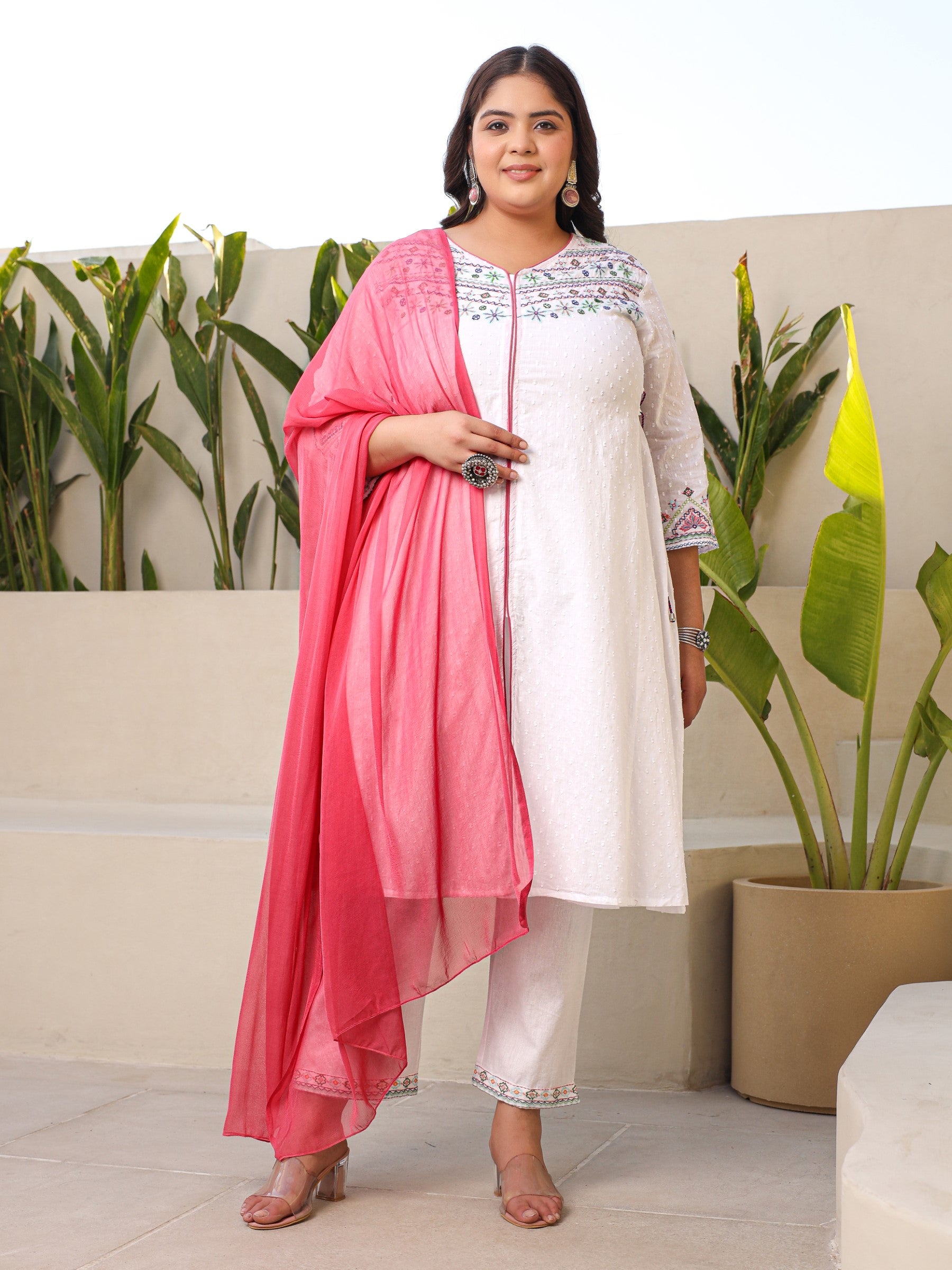 Juniper White Geometric Printed Cotton Dobby Plus Size Kurta Pants & Dupatta Set With Threaded Embroidery (3-Pcs)