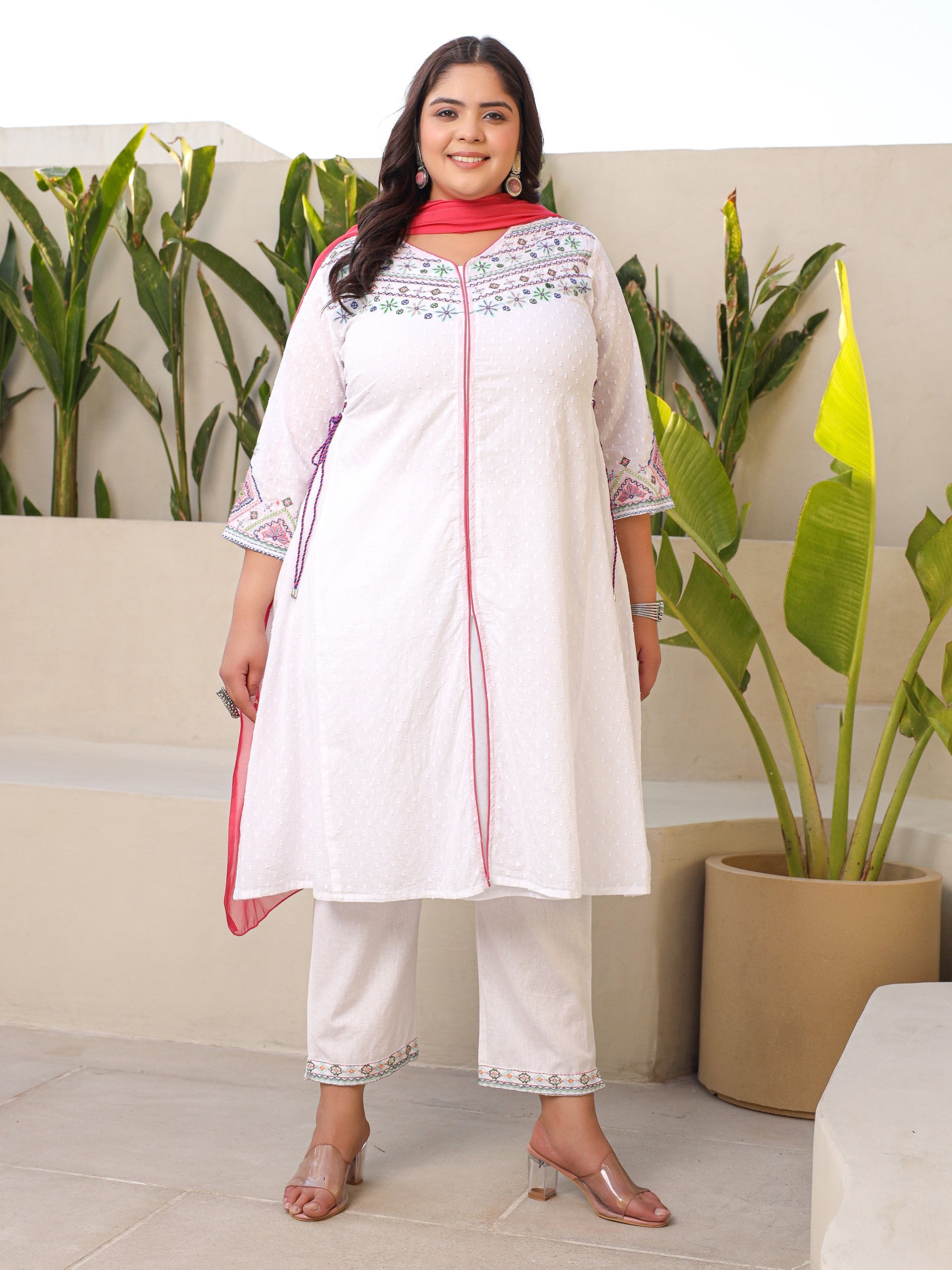 Juniper White Geometric Printed Cotton Dobby Plus Size Kurta Pants & Dupatta Set With Threaded Embroidery (3-Pcs)
