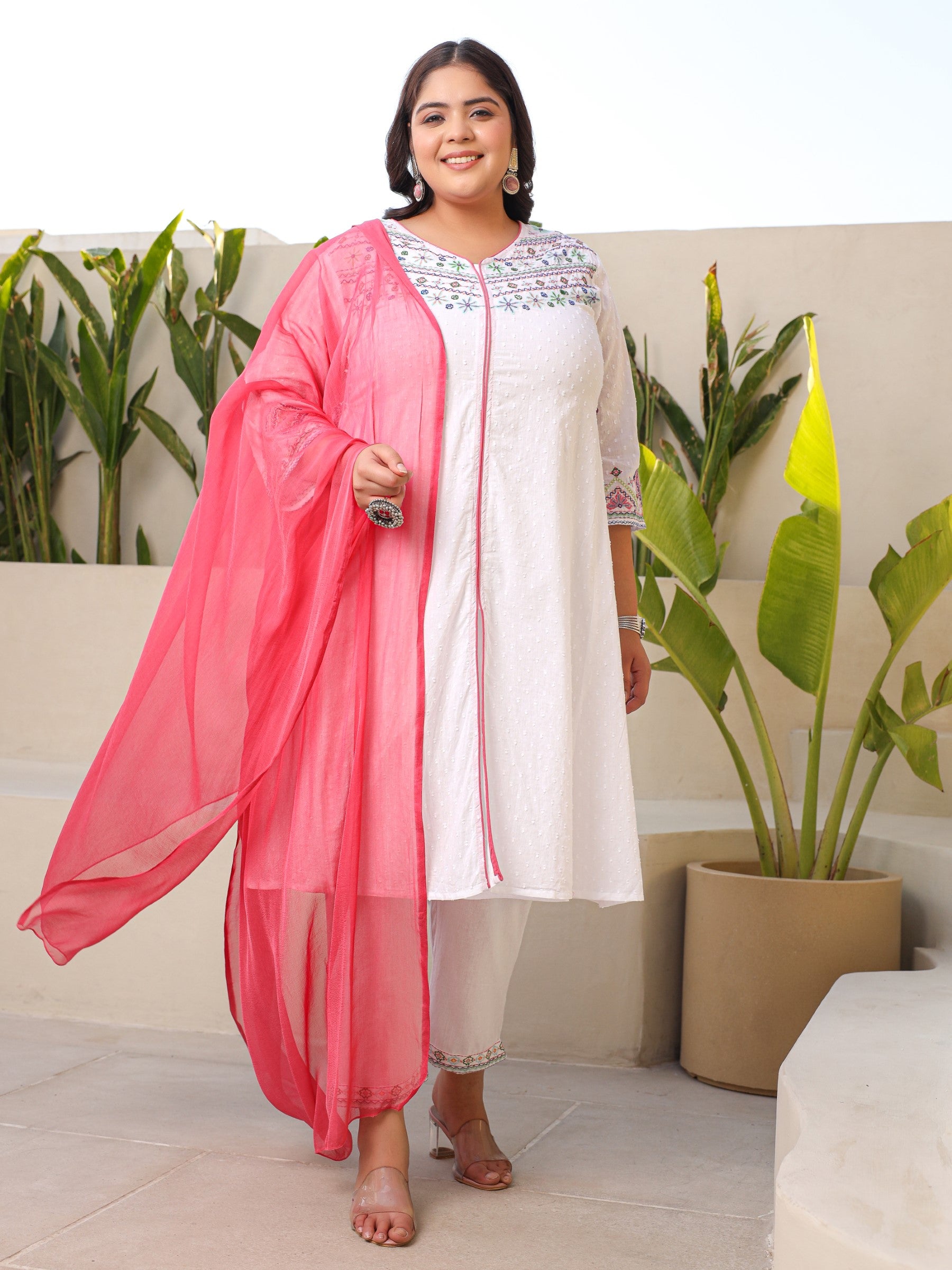 Juniper White Geometric Printed Cotton Dobby Plus Size Kurta Pants & Dupatta Set With Threaded Embroidery (3-Pcs)