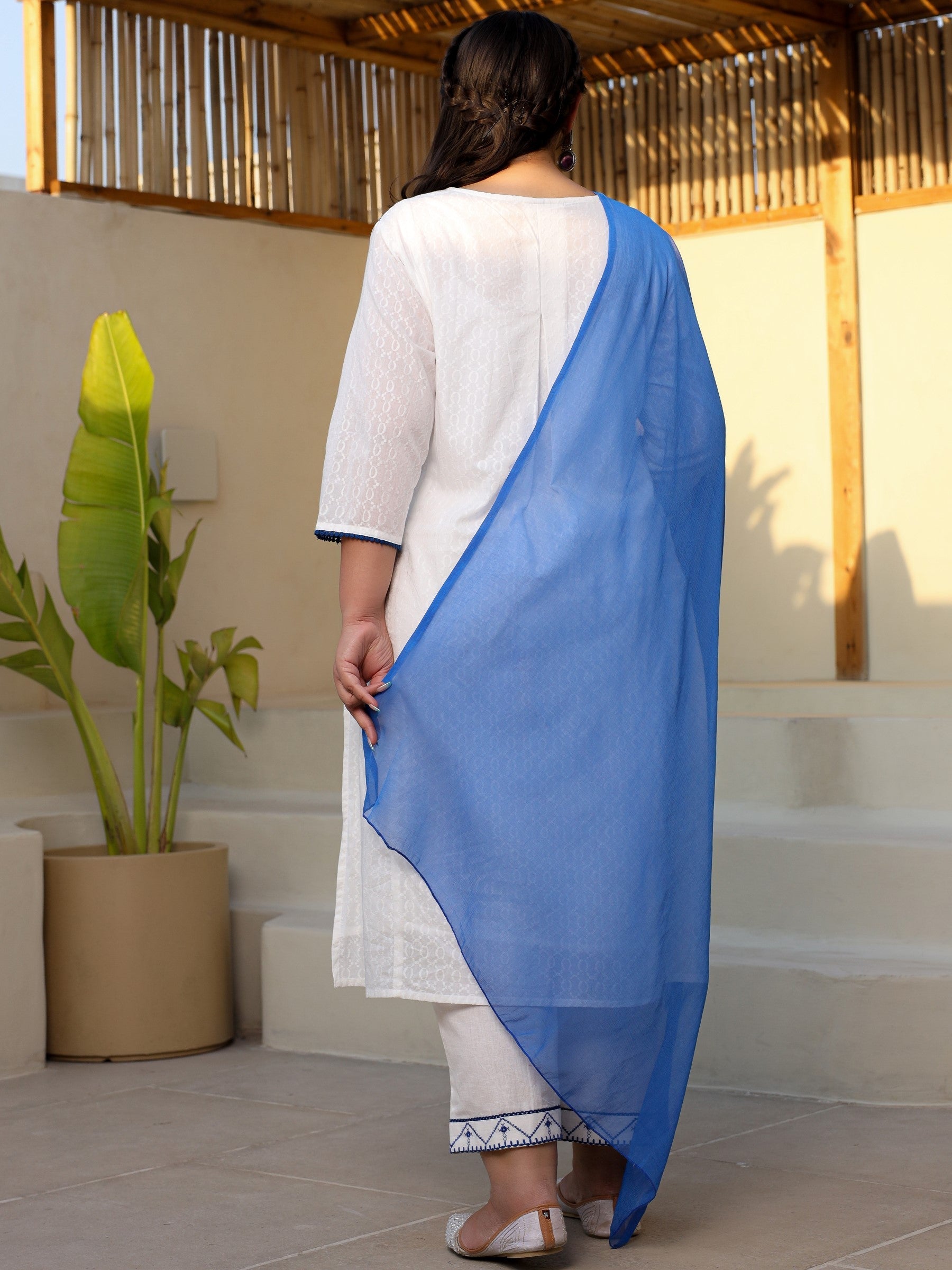 Juniper White & Blue Cross Stitch Embroidered Cotton Dobby Plus Size Kurta Palazzo & Dupatta Set With Lace & Fabric Bottons