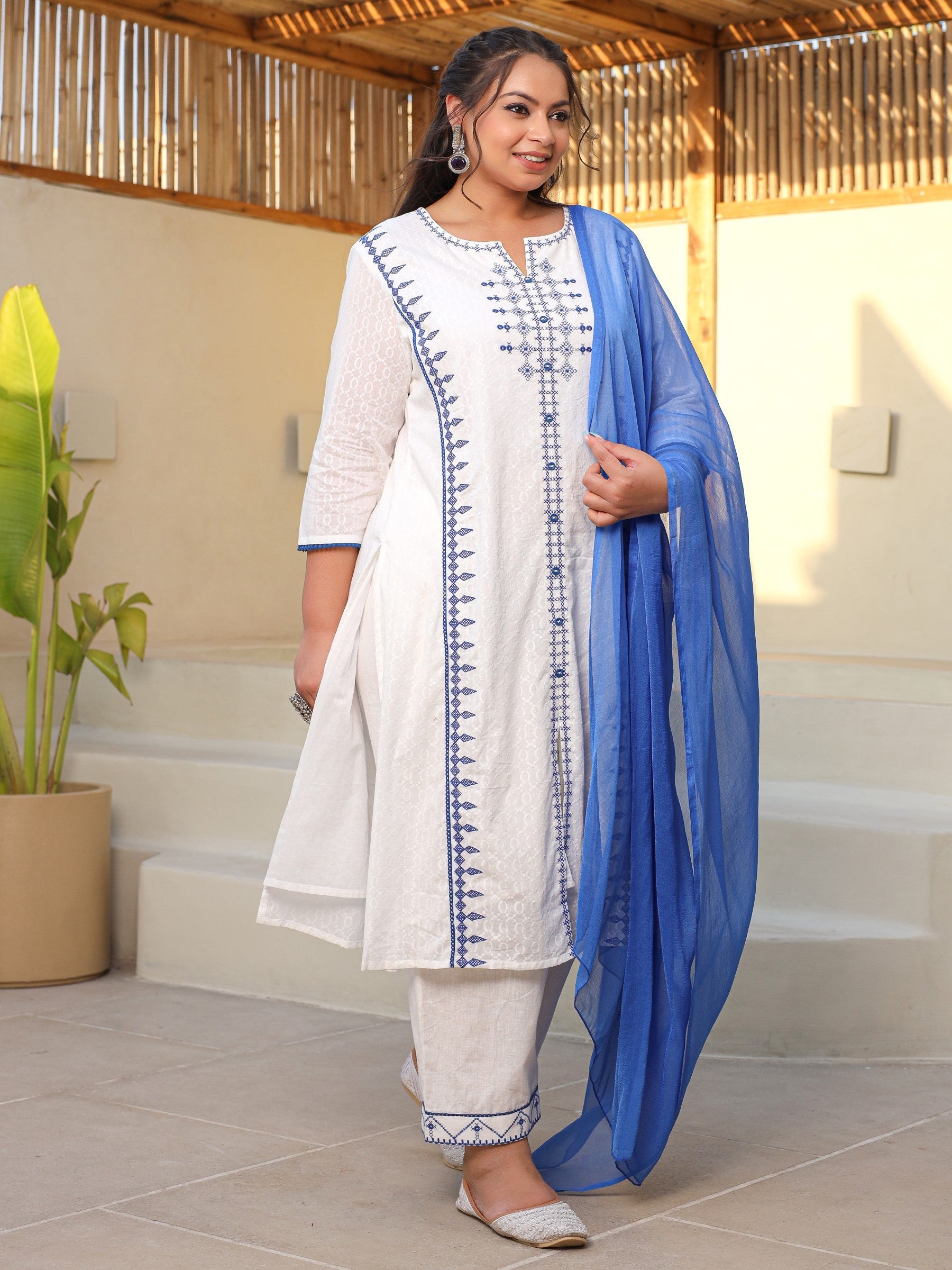 Juniper White & Blue Cross Stitch Embroidered Cotton Dobby Plus Size Kurta Palazzo & Dupatta Set With Lace & Fabric Bottons