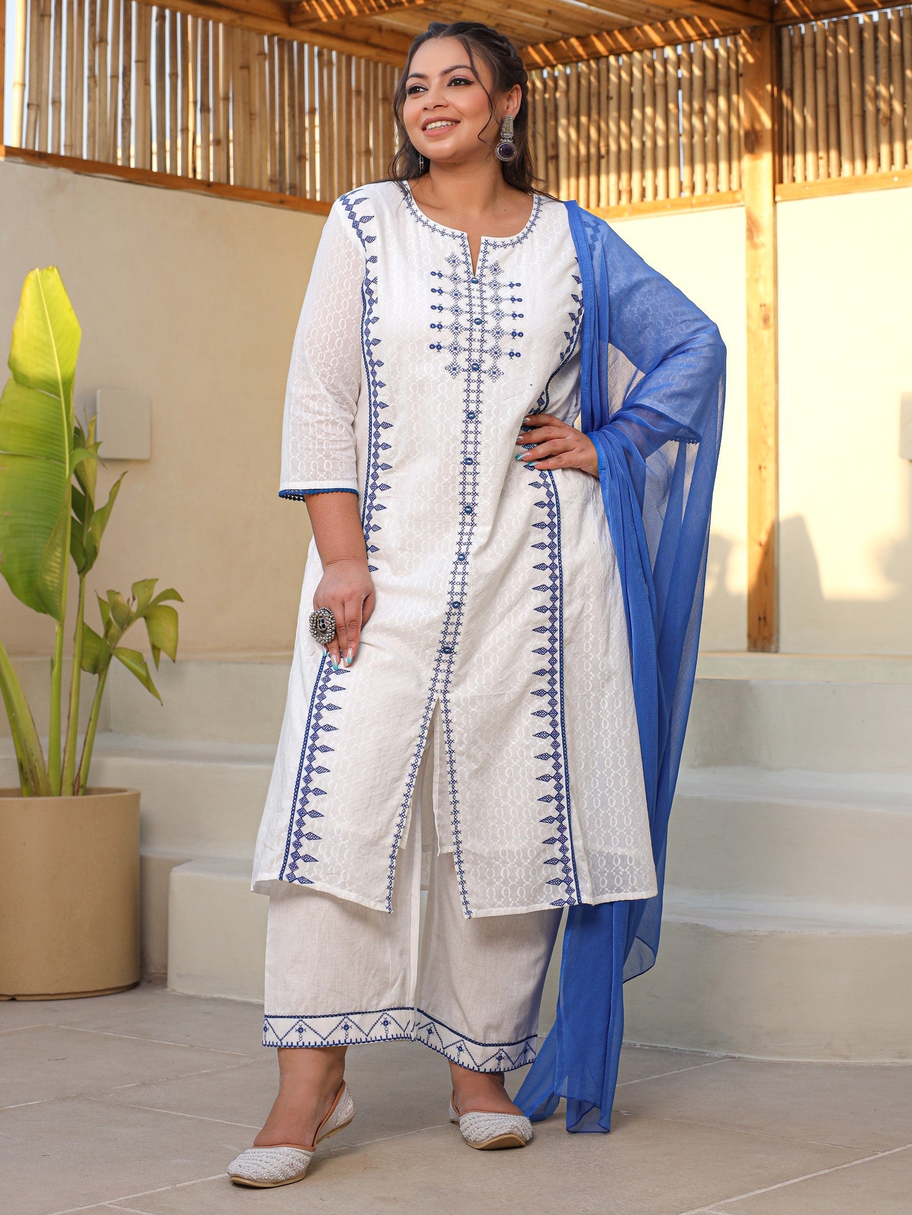 Juniper White & Blue Cross Stitch Embroidered Cotton Dobby Plus Size Kurta Palazzo & Dupatta Set With Lace & Fabric Bottons