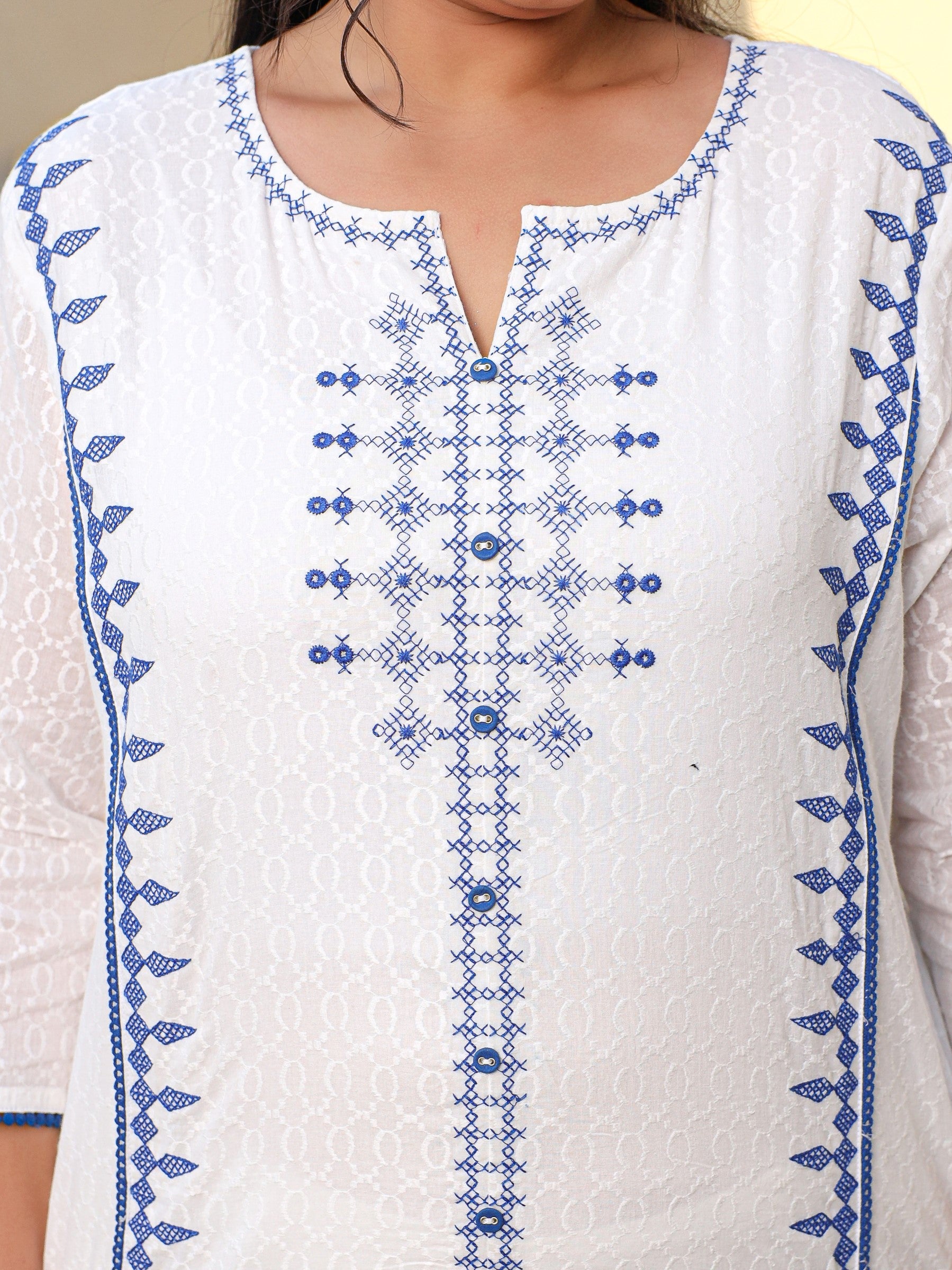 Juniper White & Blue Cross Stitch Embroidered Cotton Dobby Plus Size Kurta Palazzo & Dupatta Set With Lace & Fabric Bottons