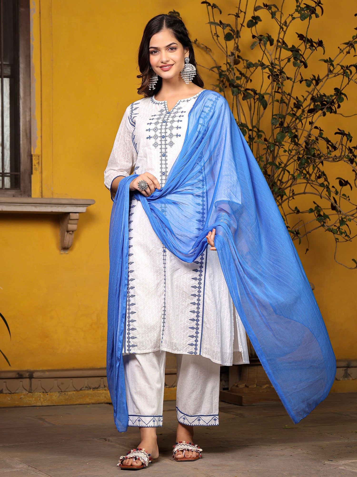Juniper White & Blue Cross Stitch Embroidered Cotton Dobby Kurta With Pant & Dupatta Set With Lace & Button