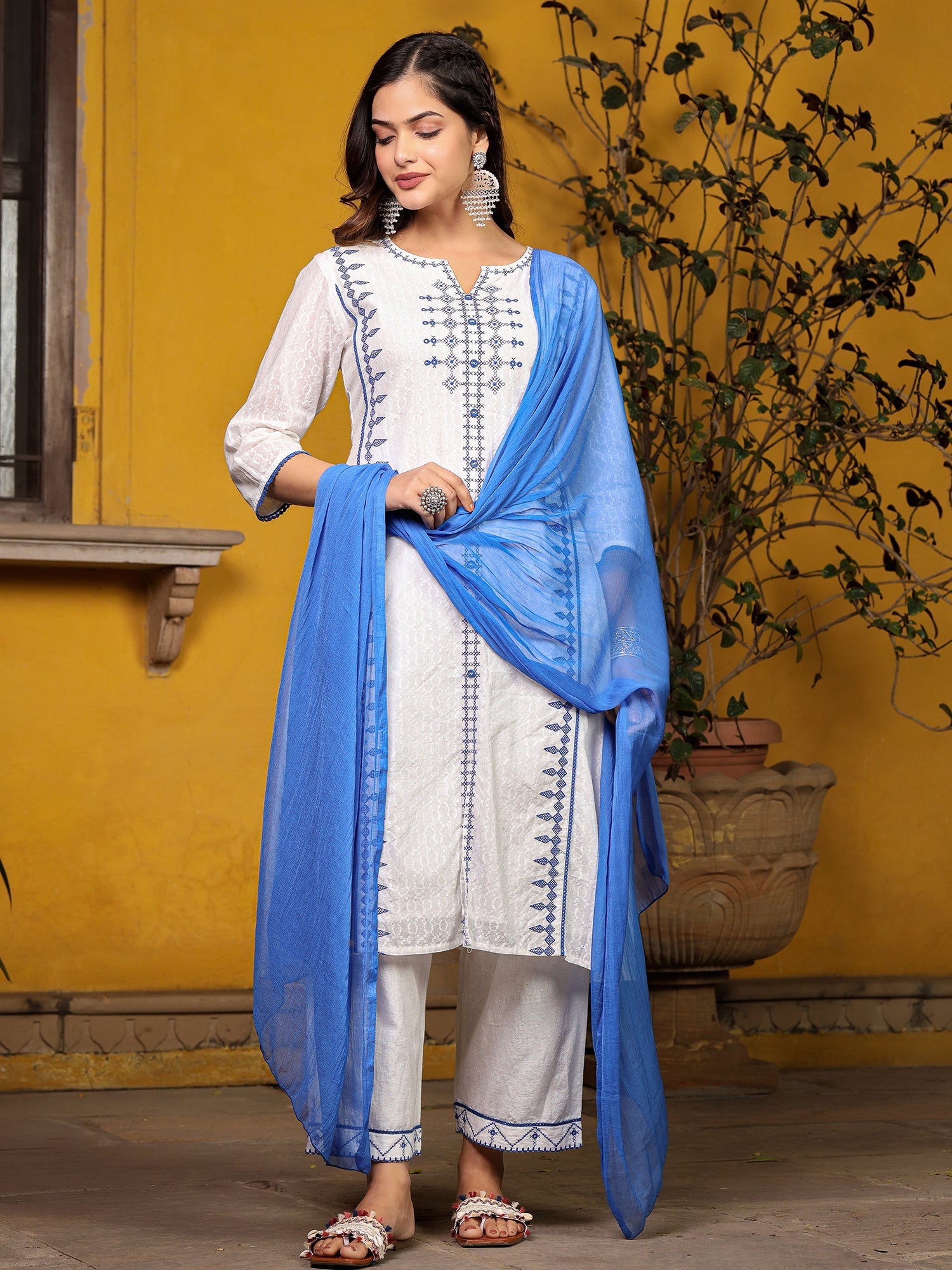 Juniper White & Blue Cross Stitch Embroidered Cotton Dobby Kurta With Pant & Dupatta Set With Lace & Button