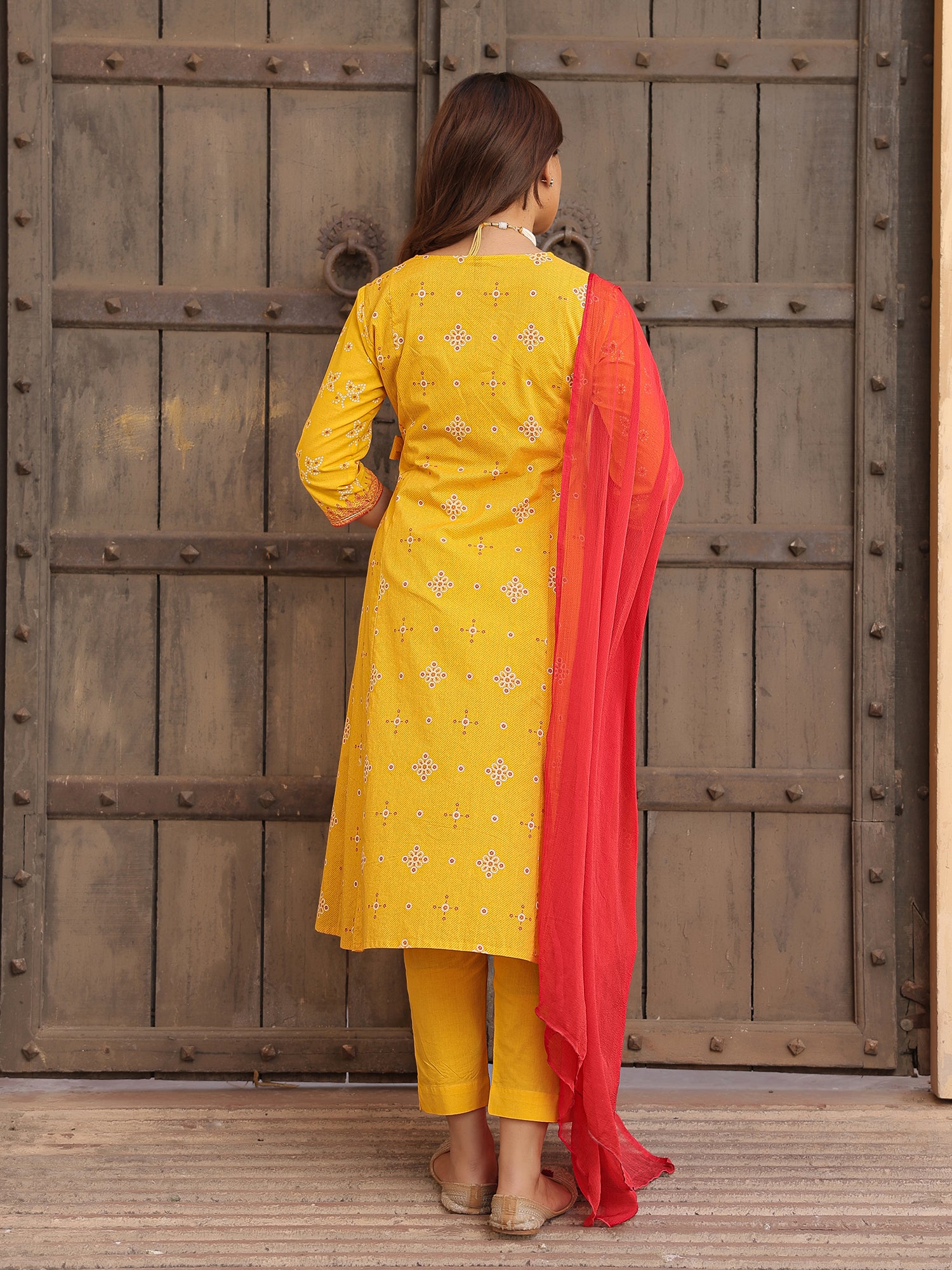 Cotton Cambric Mustard Bandhani Printed Kurta, Pants & Dupatta Set