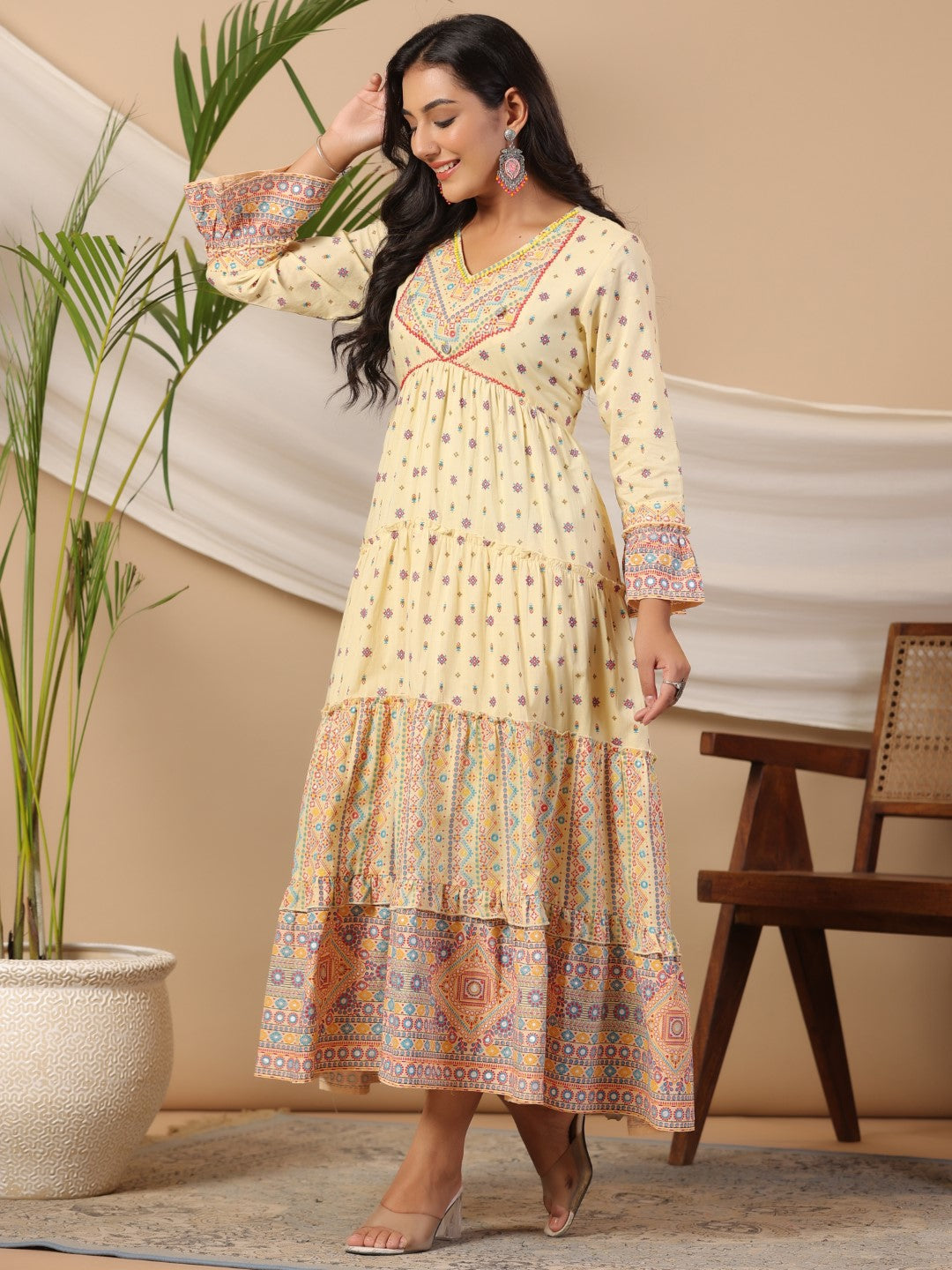 Juniper Ivory Tribal Printed Pure Cotton Alia Cut Dress With Beads Work