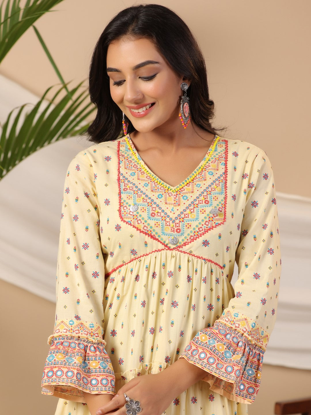 Juniper Ivory Tribal Printed Pure Cotton Alia Cut Dress With Beads Work