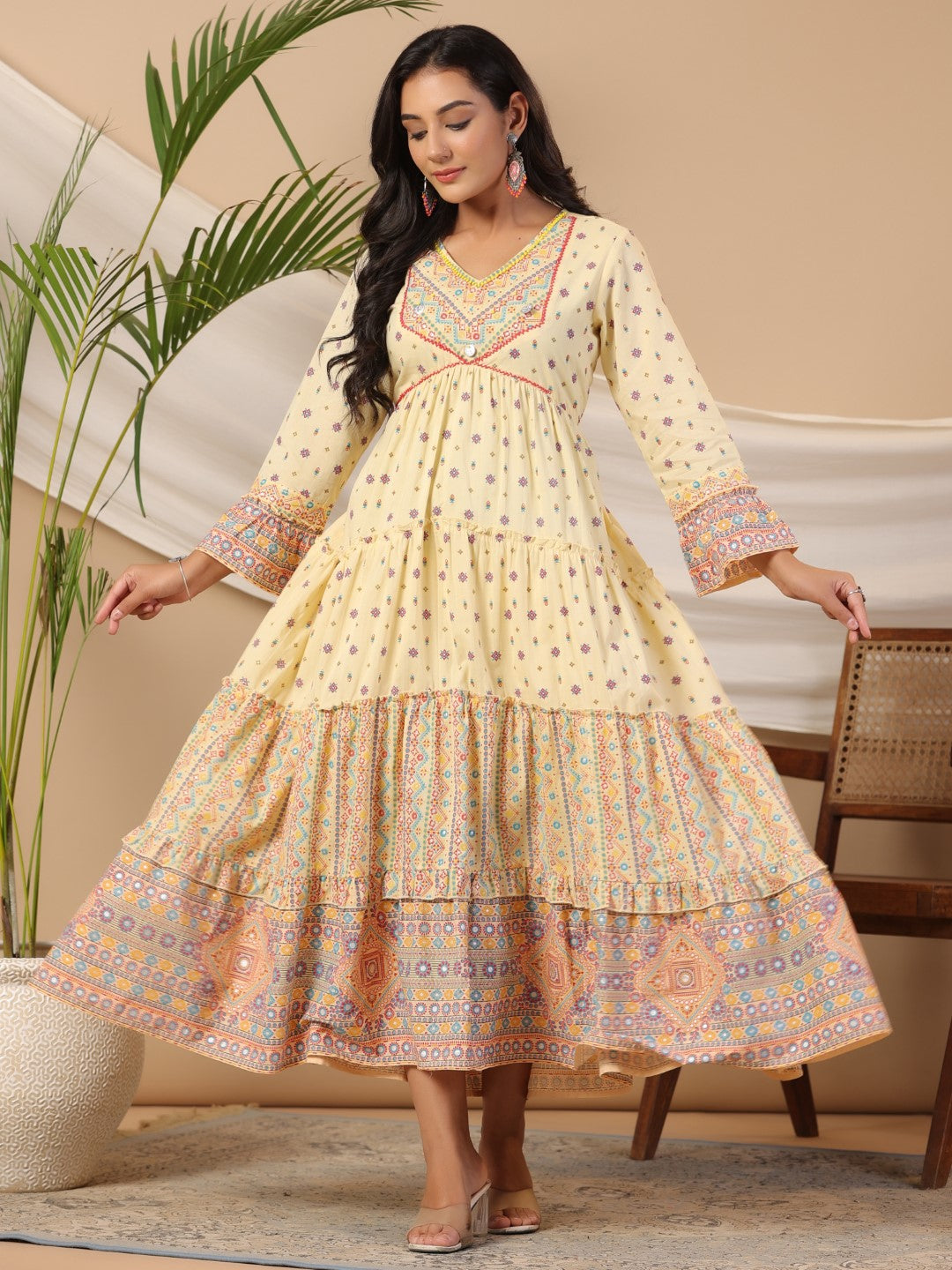Juniper Ivory Tribal Printed Pure Cotton Alia Cut Dress With Beads Work