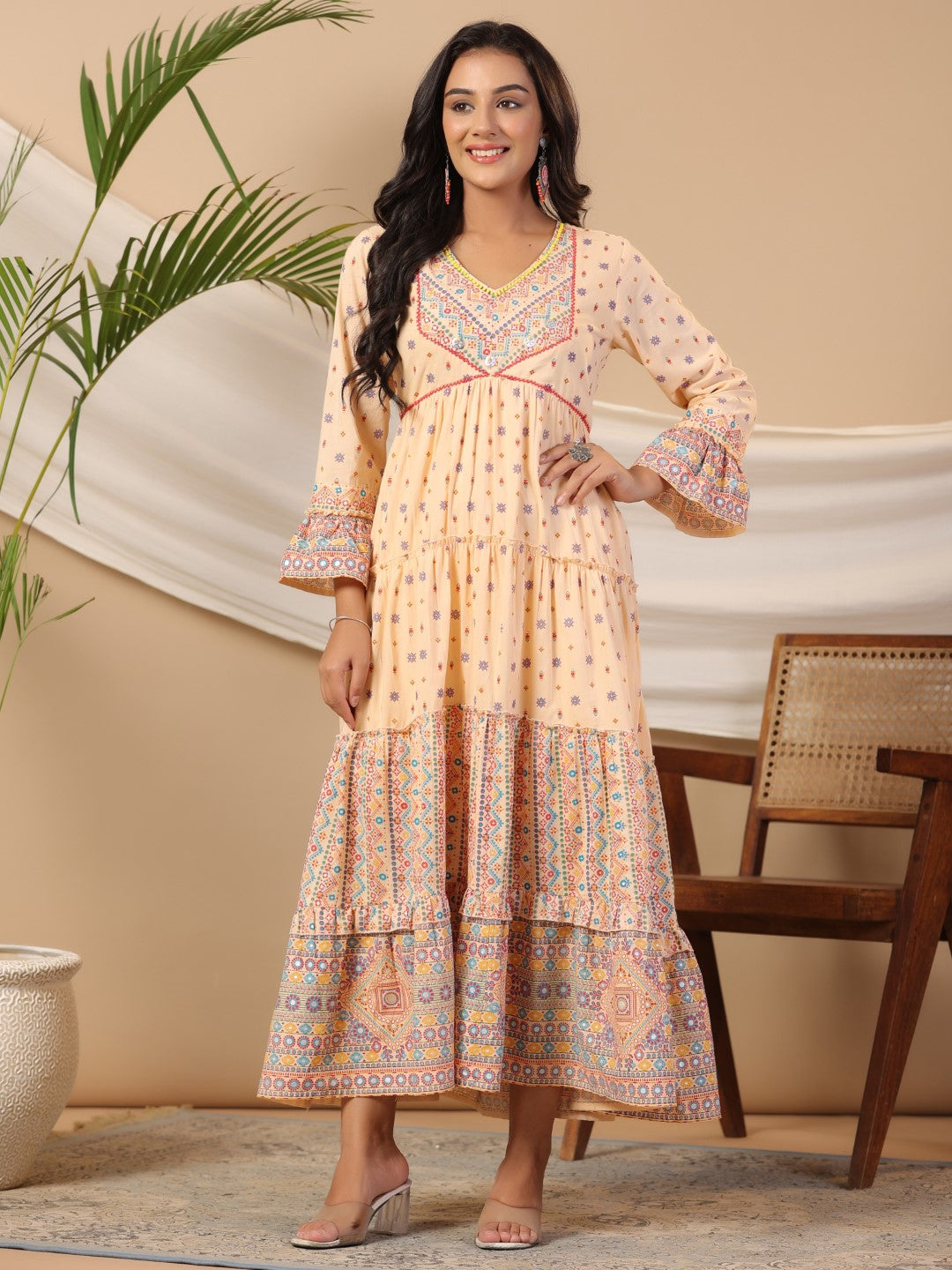 Juniper Peach Tribal Printed Pure Cotton Alia Cut Dress With Beads Work