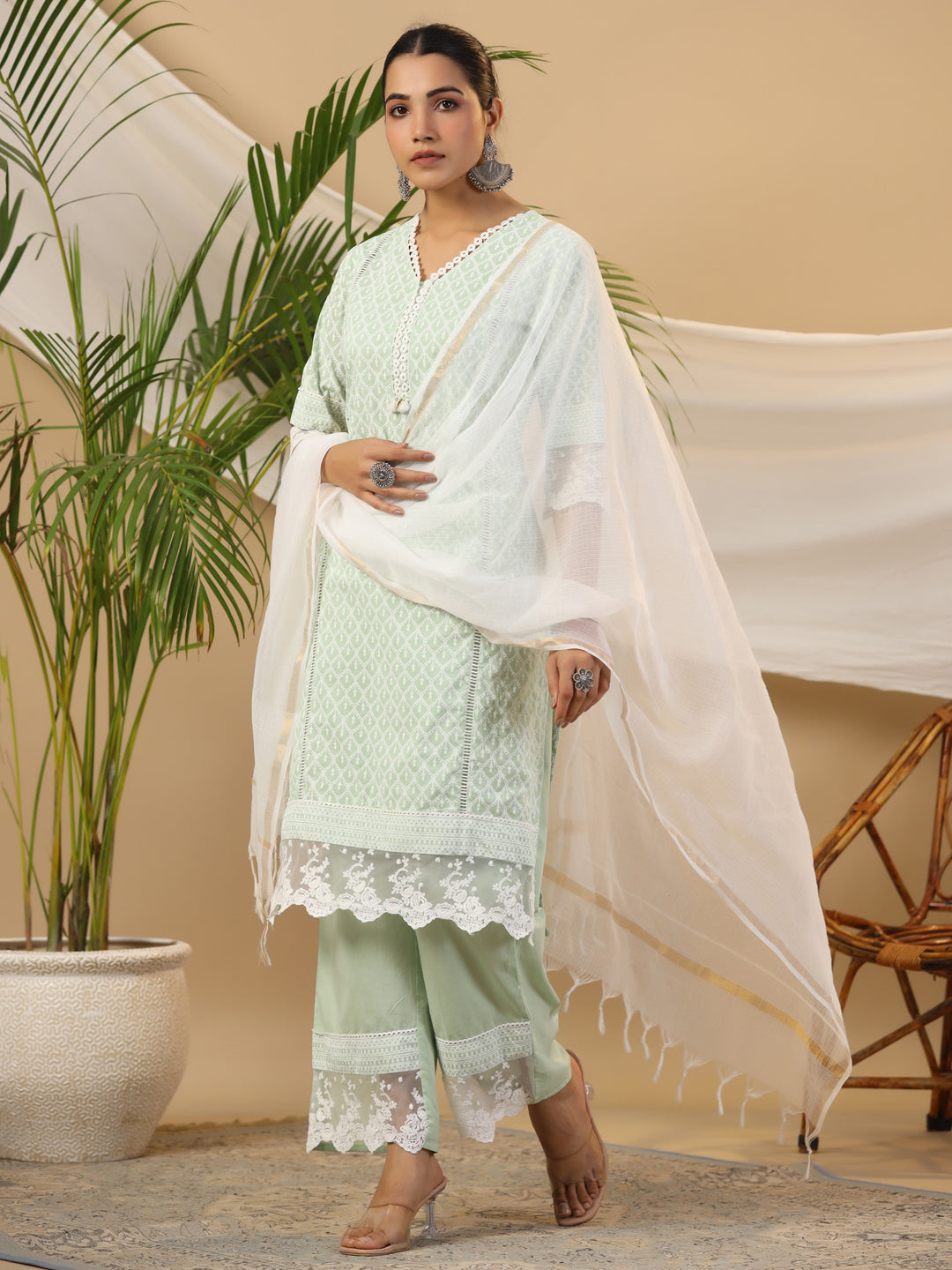 Juniper The Rooh Mint Ethnic Print & Lacy Pure Cotton Kurta & Palazzo Set With Lining & Kota Doria Dupatta