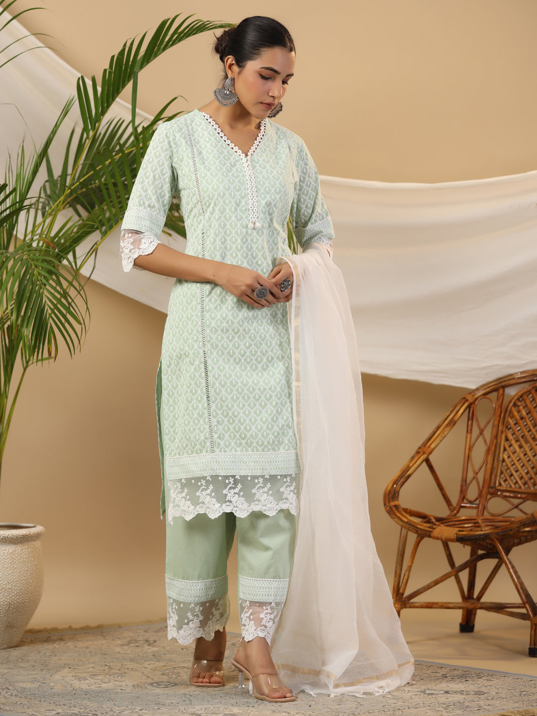 Juniper The Rooh Mint Ethnic Print & Lacy Pure Cotton Kurta & Palazzo Set With Lining & Kota Doria Dupatta