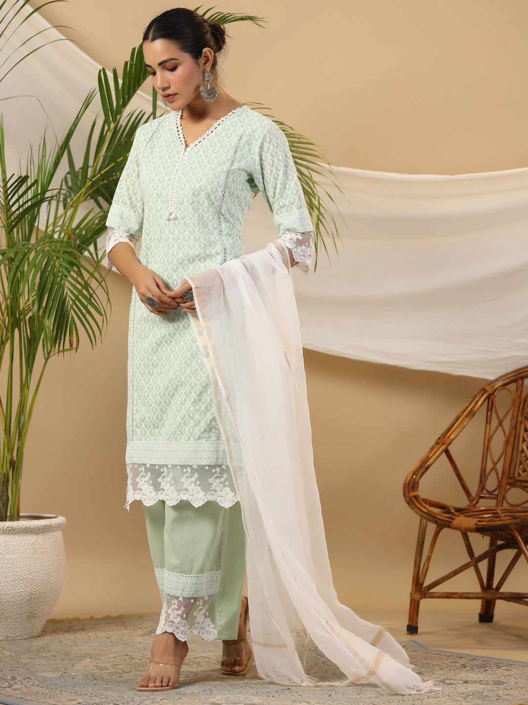 Juniper The Rooh Mint Ethnic Print & Lacy Pure Cotton Kurta & Palazzo Set With Lining & Kota Doria Dupatta