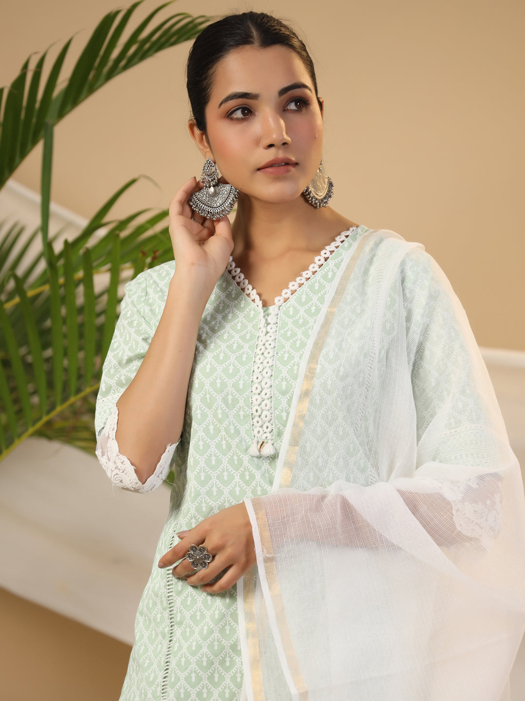 Juniper The Rooh Mint Ethnic Print & Lacy Pure Cotton Kurta & Palazzo Set With Lining & Kota Doria Dupatta