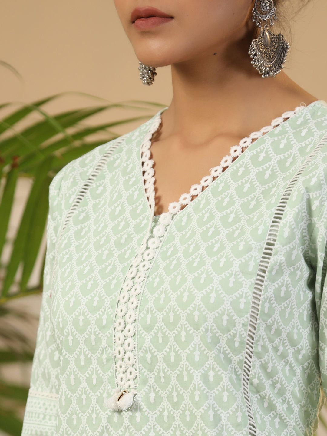 Juniper The Rooh Mint Ethnic Print & Lacy Pure Cotton Kurta & Palazzo Set With Lining & Kota Doria Dupatta