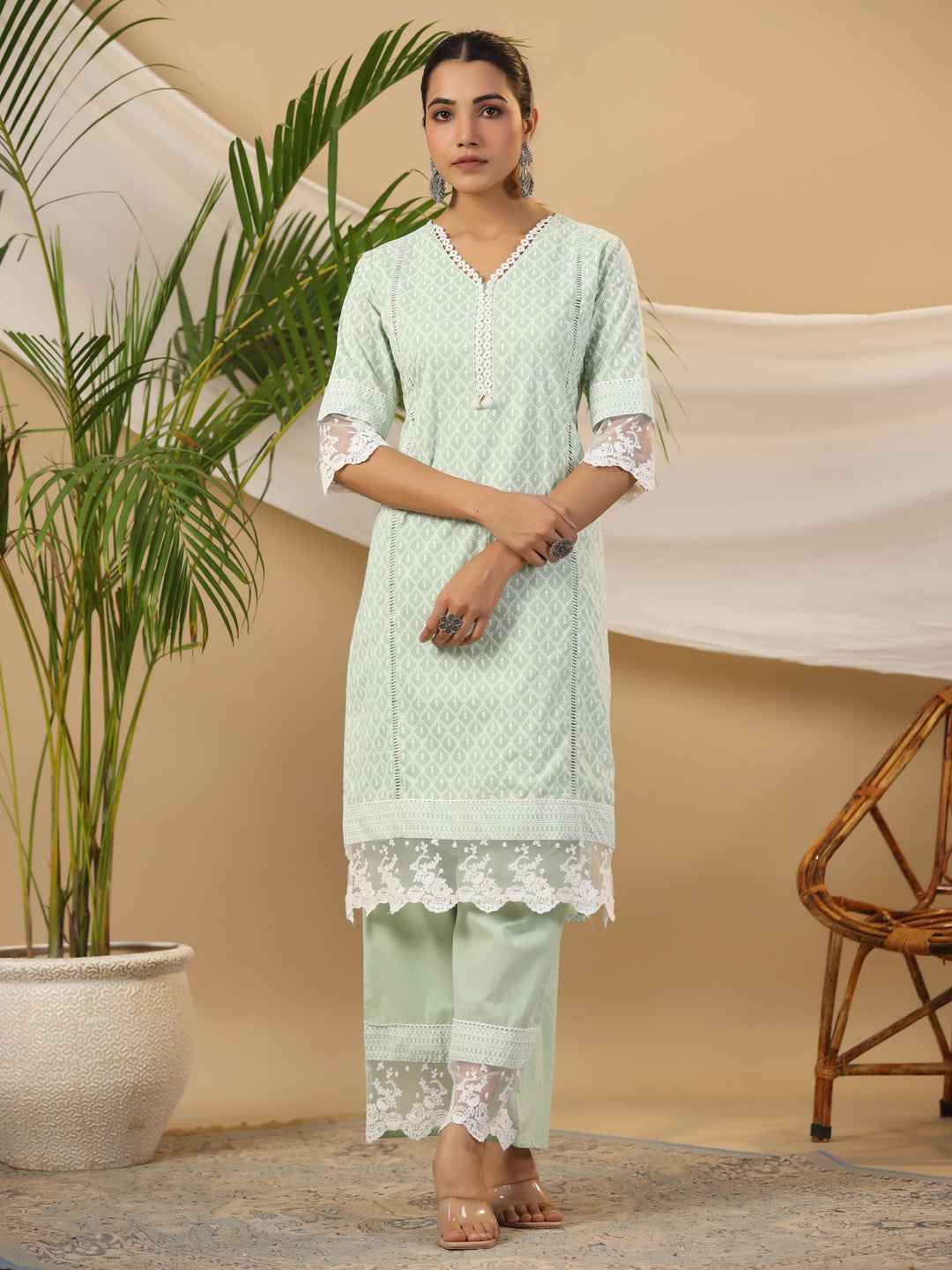 Juniper The Rooh Mint Ethnic Print & Lacy Pure Cotton Kurta & Palazzo Set With Lining & Kota Doria Dupatta