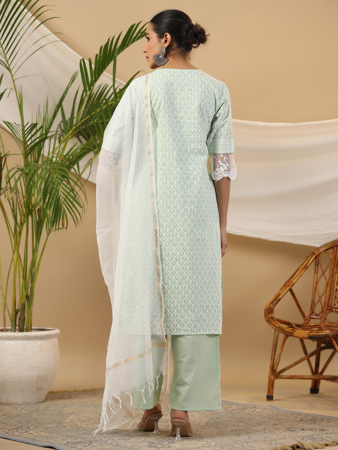 Juniper The Rooh Mint Ethnic Print & Lacy Pure Cotton Kurta & Palazzo Set With Lining & Kota Doria Dupatta