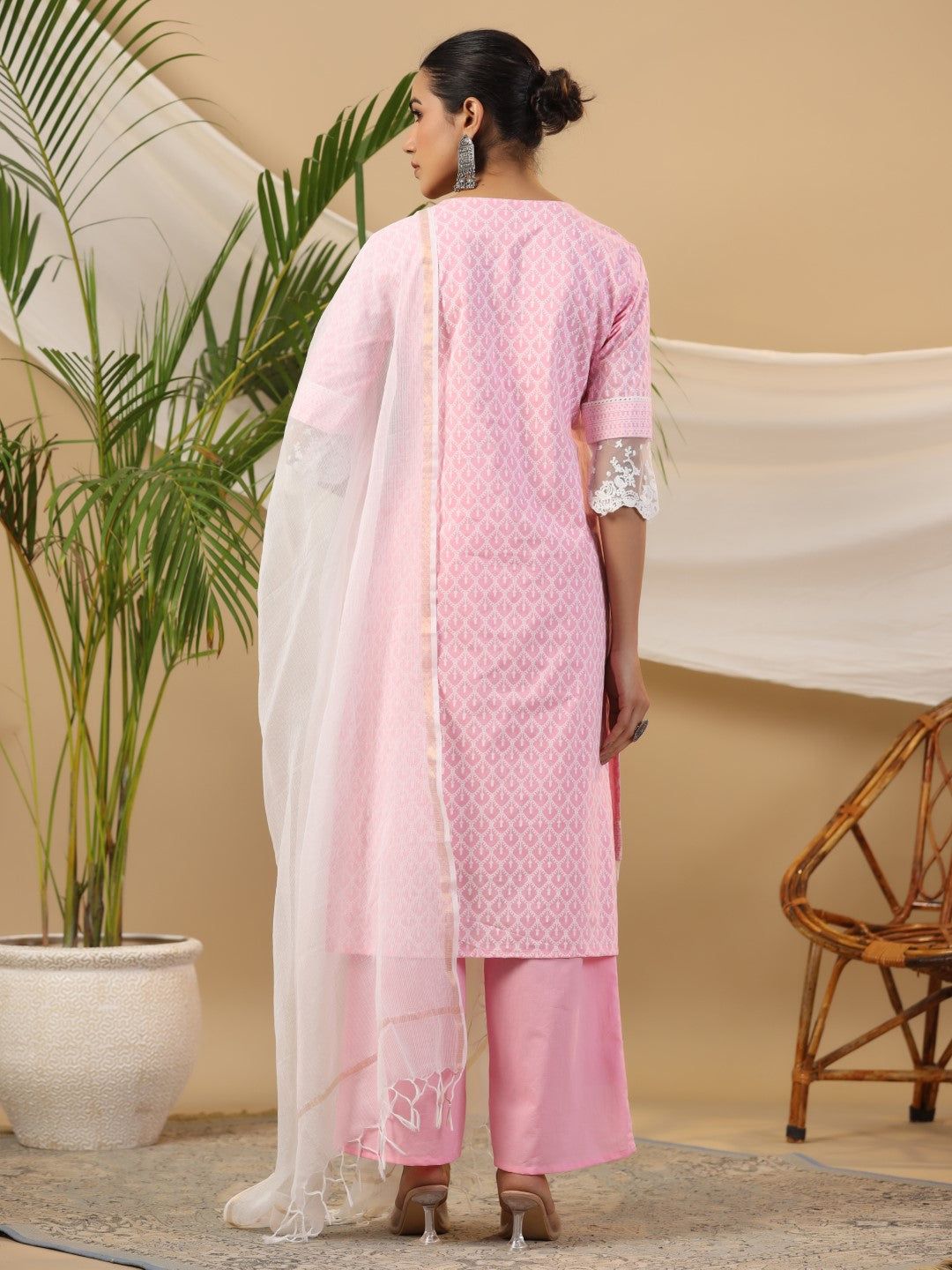 Juniper The Rooh Pink Ethnic Print & Lacy Pure Cotton Kurta & Palazzo Set With Lining & Kota Doria Dupatta