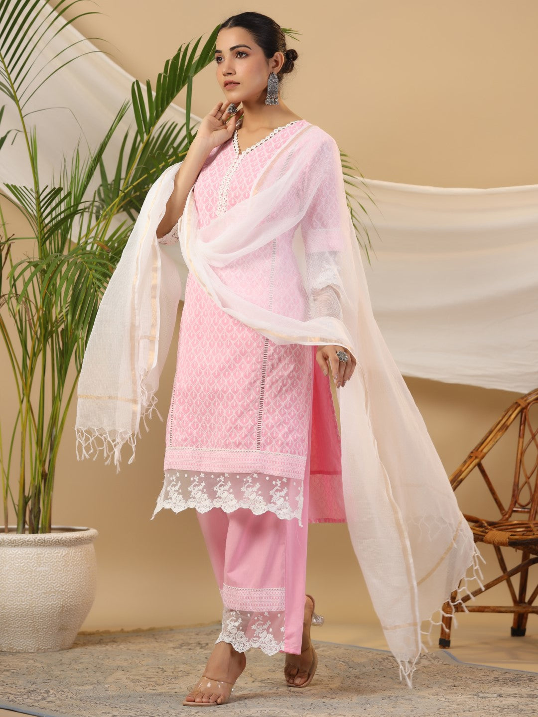 Juniper The Rooh Pink Ethnic Print & Lacy Pure Cotton Kurta & Palazzo Set With Lining & Kota Doria Dupatta