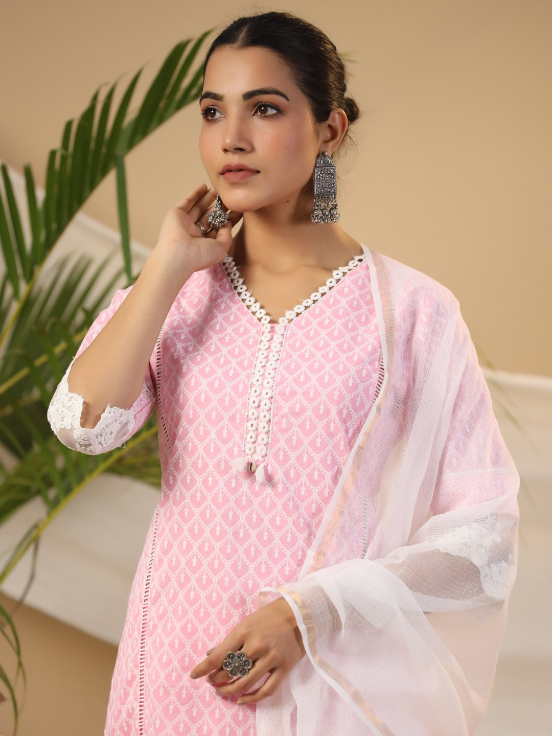 Juniper The Rooh Pink Ethnic Print & Lacy Pure Cotton Kurta & Palazzo Set With Lining & Kota Doria Dupatta