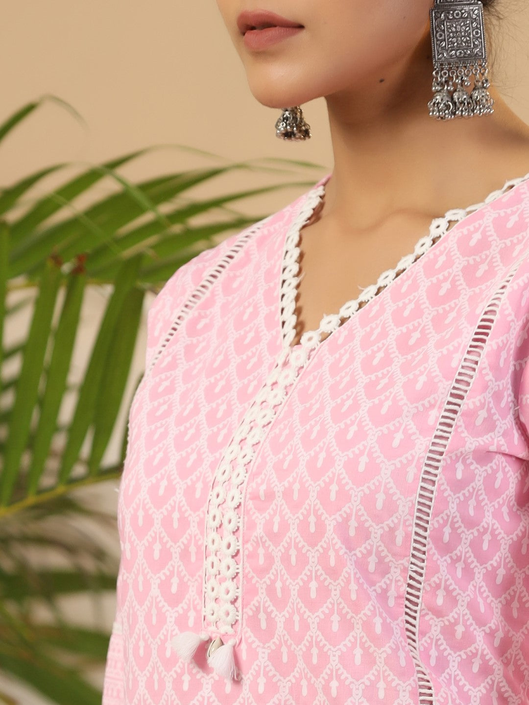 Juniper The Rooh Pink Ethnic Print & Lacy Pure Cotton Kurta & Palazzo Set With Lining & Kota Doria Dupatta