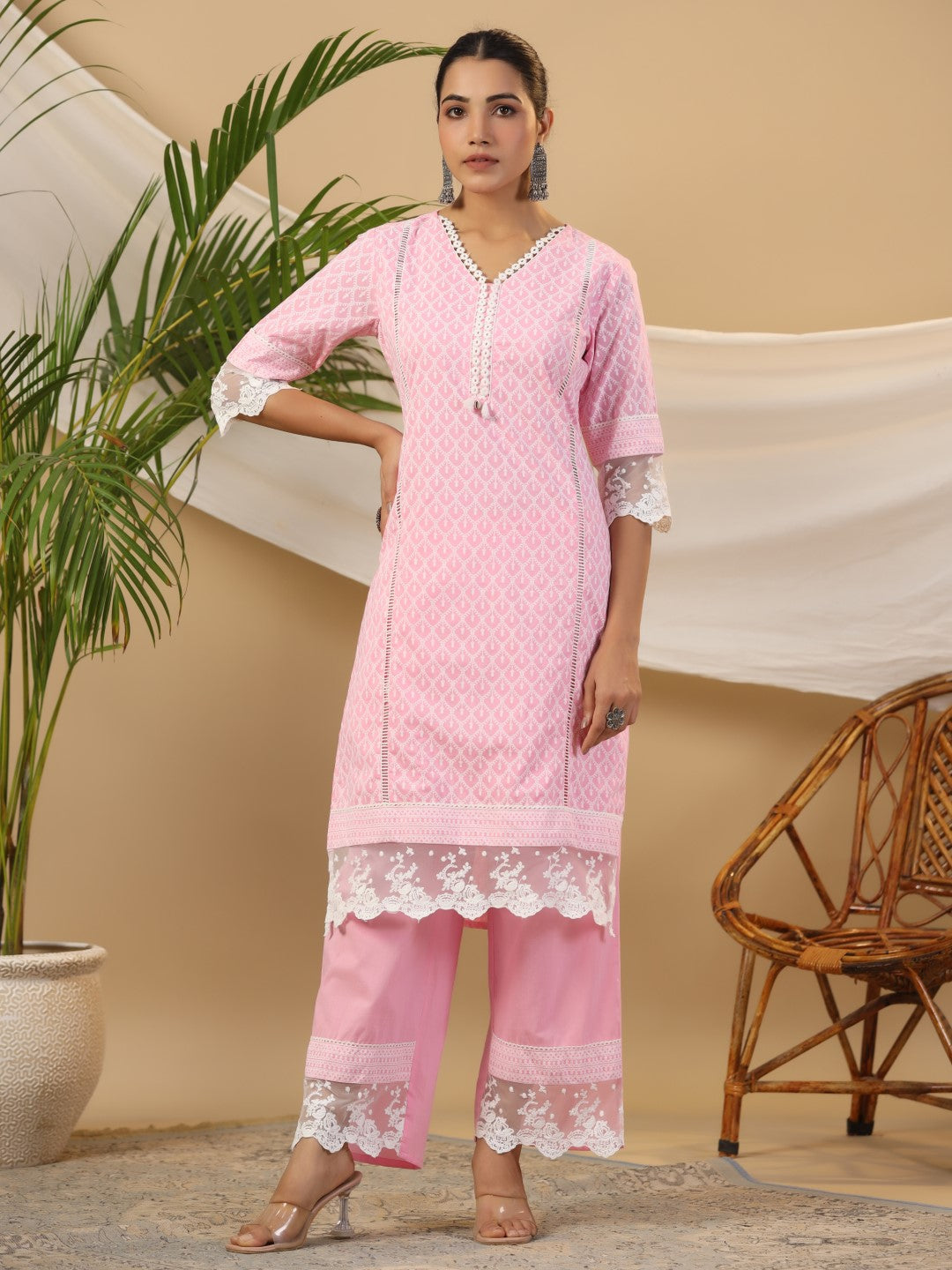 Juniper The Rooh Pink Ethnic Print & Lacy Pure Cotton Kurta & Palazzo Set With Lining & Kota Doria Dupatta