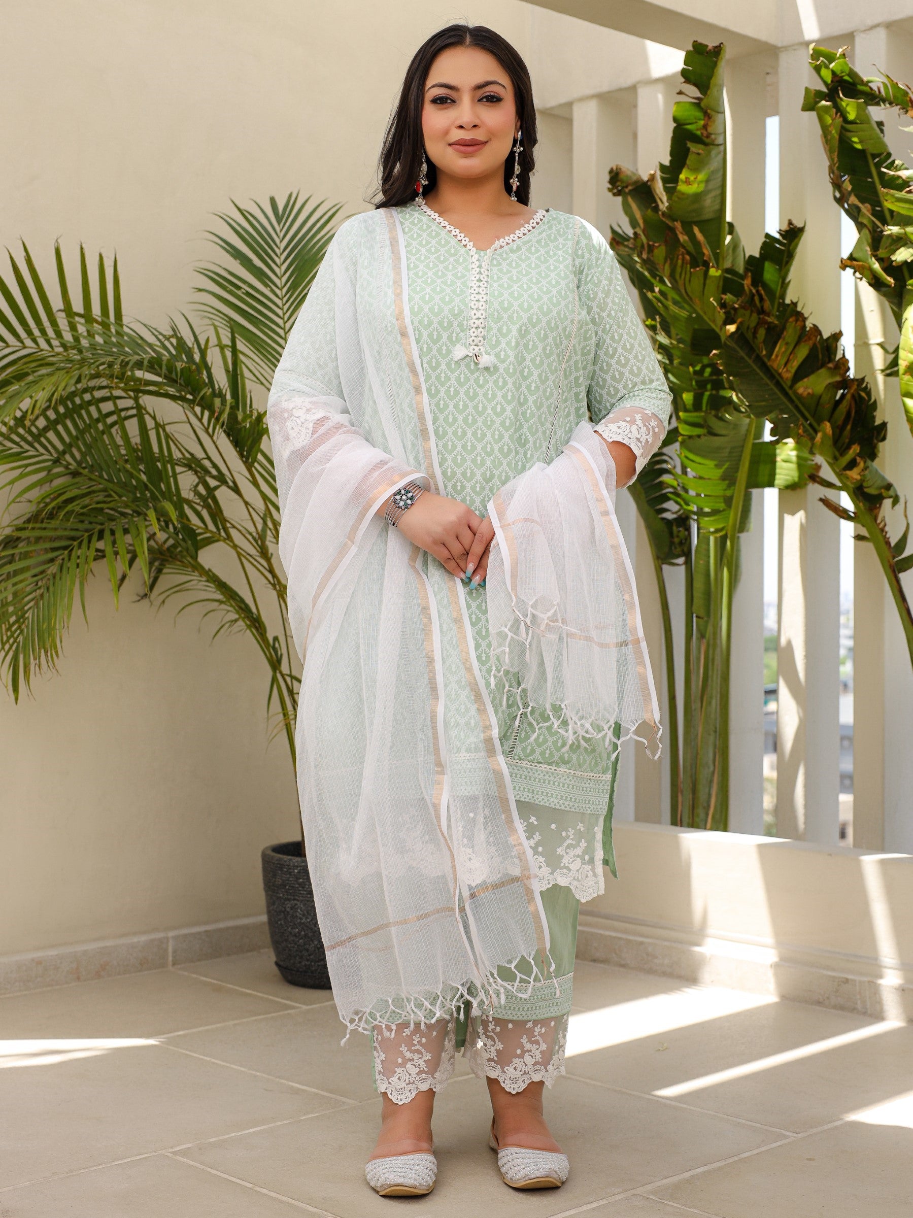 Juniper The Rooh Mint Ethnic Printed & Laced Pure Cotton Plus Size Kurta Palazzo & Dupatta Set With Lining & Kota Doria Dupatta